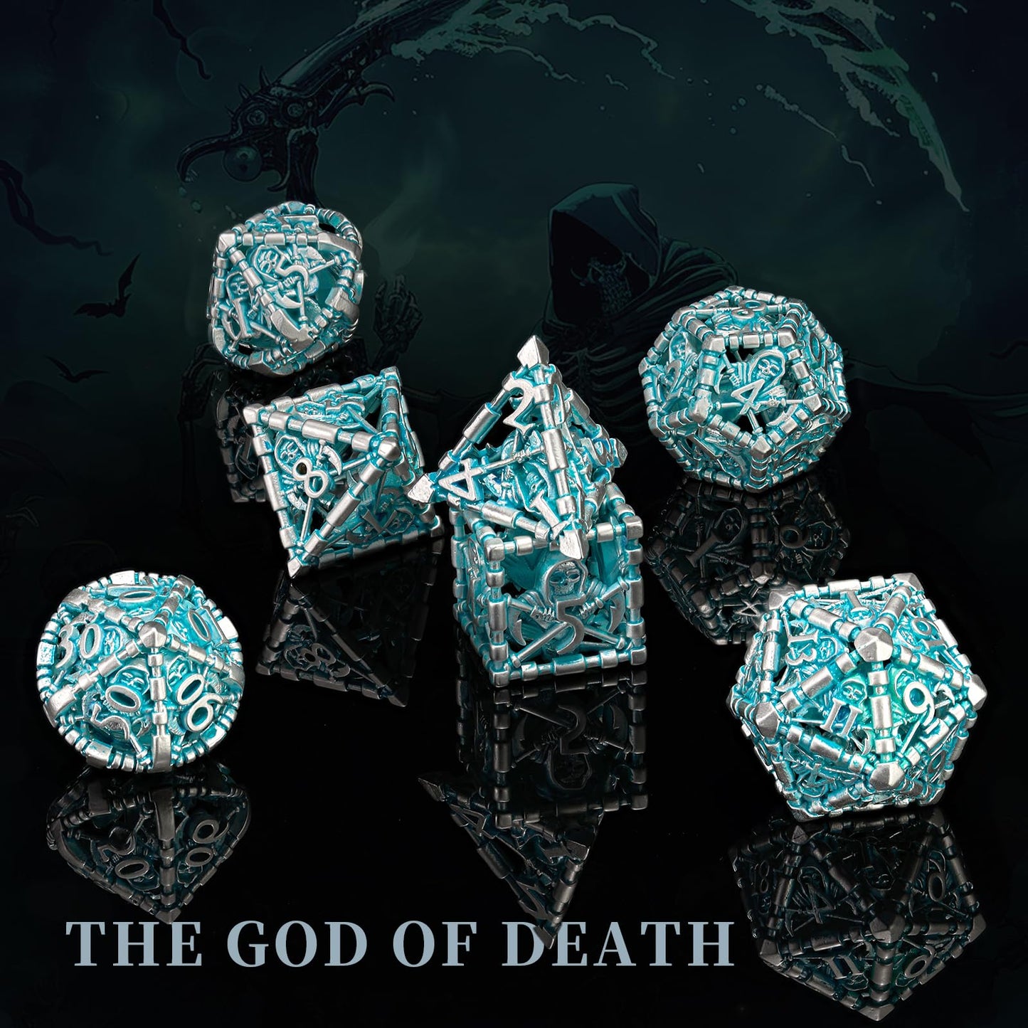 HNCCESG D&D Dice Set, Hollow Blue White Metal Grim Reaper Dice of 7 Piece,Polyhedral DND Dice Role PlayGaming for Dungeons and D