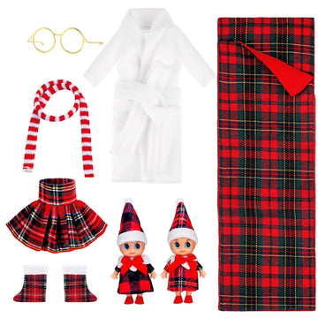 8 Pcs Christmas Elf Clothes Outfits Accessories Include Mini Doll Sleeping Bag Bathrobe Skirt Glasses Boots Red And White Striped Scarf For Christmas Stocking Stuffers Decorations
