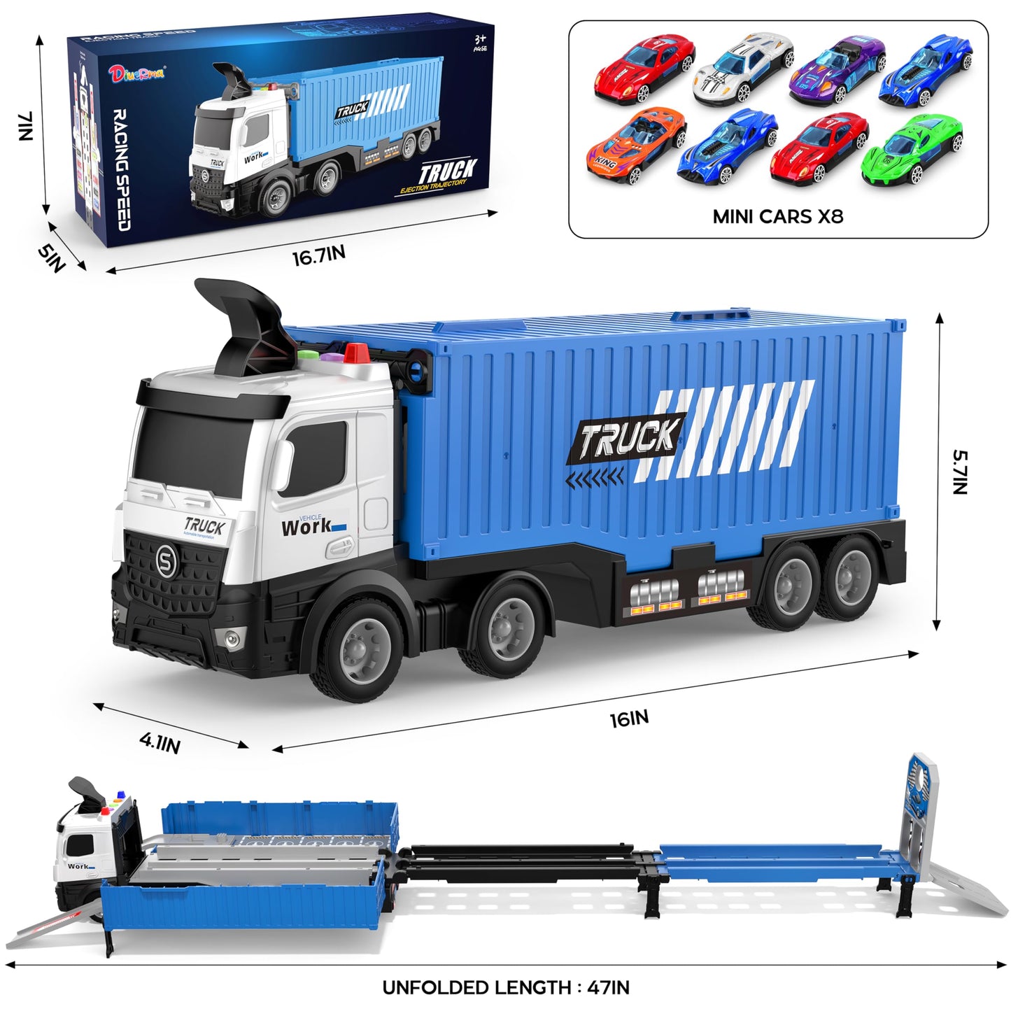 Carrier Truck Race Track Toddlers Toys, Foldable 3 Layer Car Race Track Playset, Toy Truck Transport Car Carrier & 8 Race Cars,