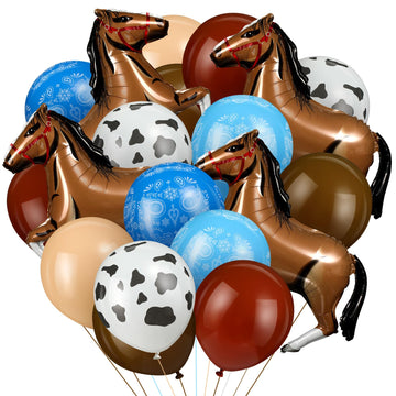 Hungdao 52 Pcs Western Party Horse Balloons Cowboy Decoration Kit Rodeo Farm Bandana Cowgirl Foil Latex Balloons Bulk For Baby Shower Birthday Arch Decor(Blue Brown Series)