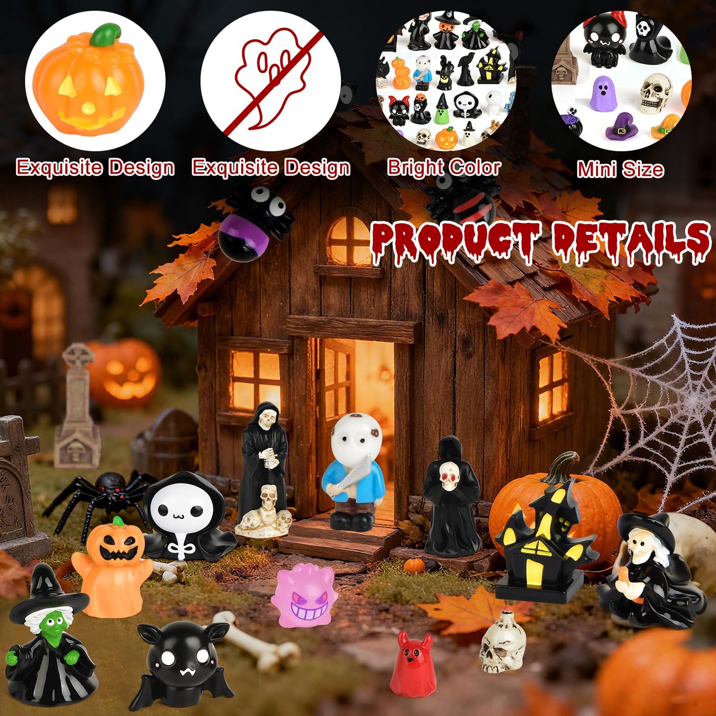 PLULON 68Pcs Halloween Miniatures Figurines  Mini Resin Figures Tiny Small Ghost Skull Pumpkin Ornaments for Crafts Fairy Garden Dollhouse Party Decor Village Accessories Bag Fillers