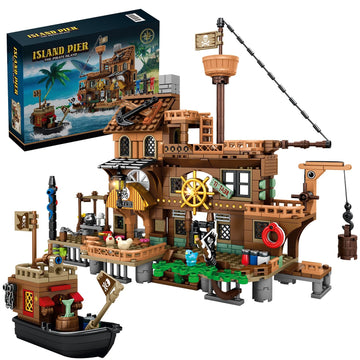 Riceblock Pirate Ship Building Toys, Pirate Wharf Themed City Store Building Bricks Sets For Boys Age 8-12, 573 Pieces, Ideal Fo