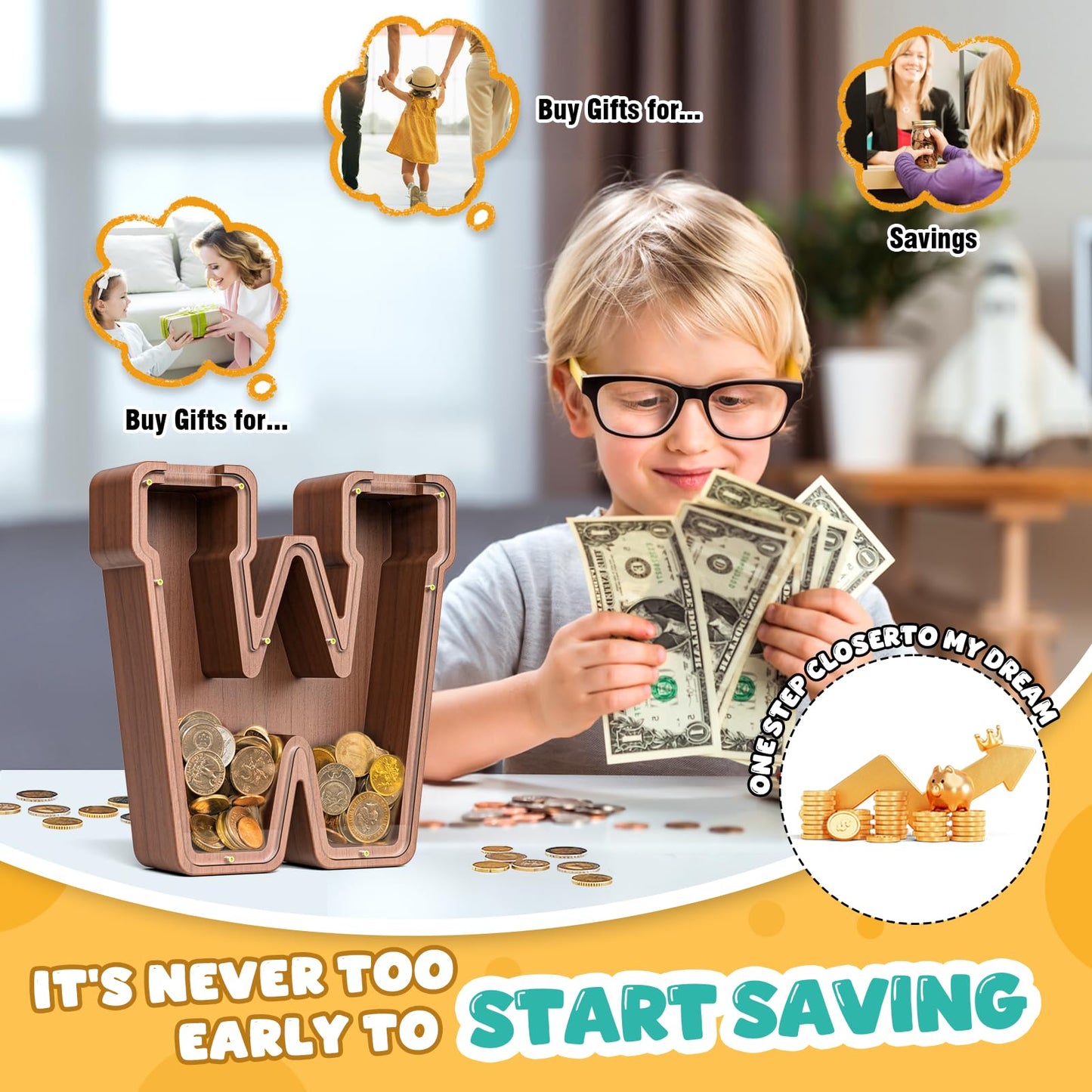 Summidate Wooden Letter Piggy Bank  Extra Thick Large Capacity Piggy Bank for Kids Boys Girls Toddler  Alphabet W Money Bank| Coin Box Birthday  Christmas  Festival