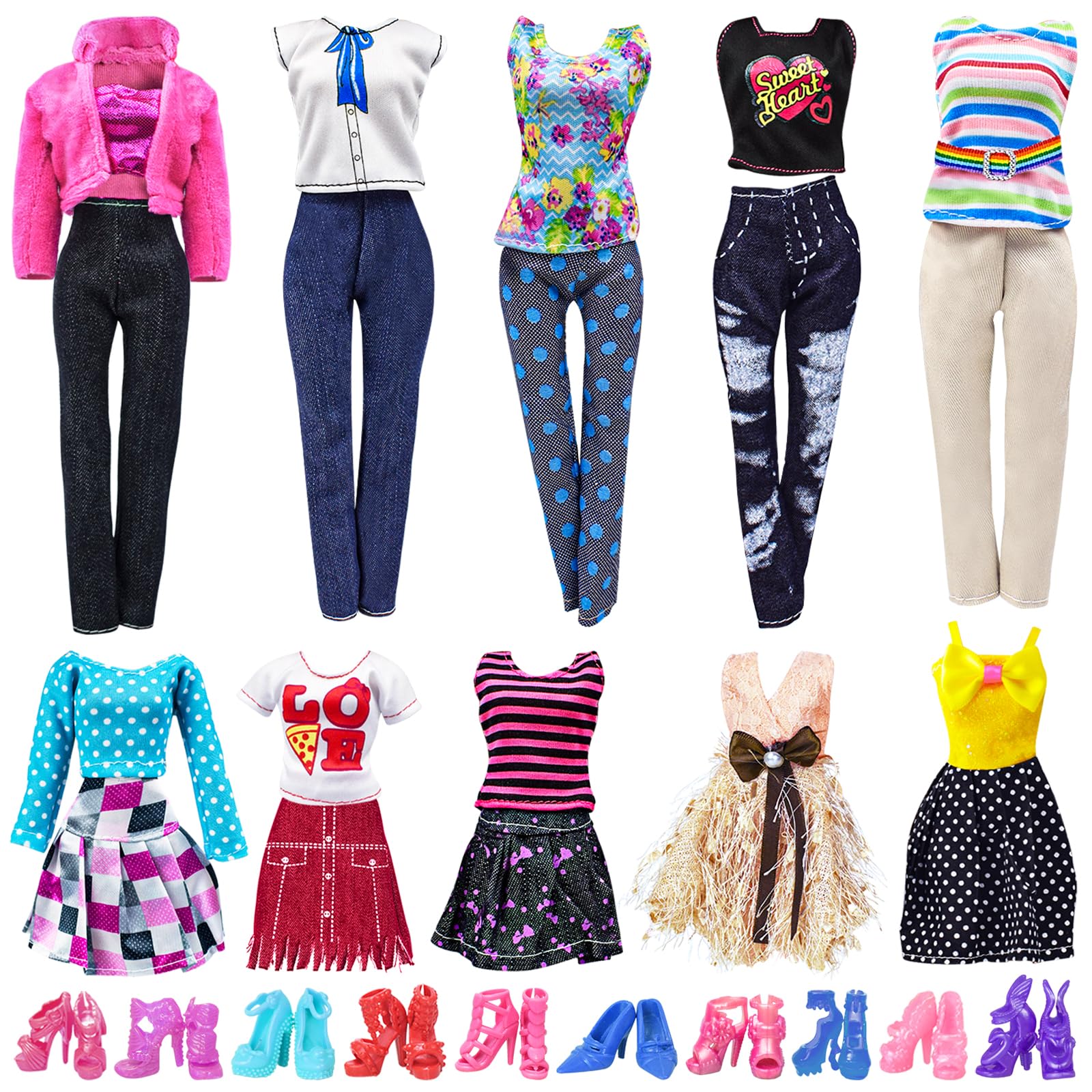 Doll Clothes For 11.5 Inch Girl Doll 20 Pcs Casual Wear Clothes And Doll Accessories With 10 Pairs Shoes +10 Fashion Doll Dresse