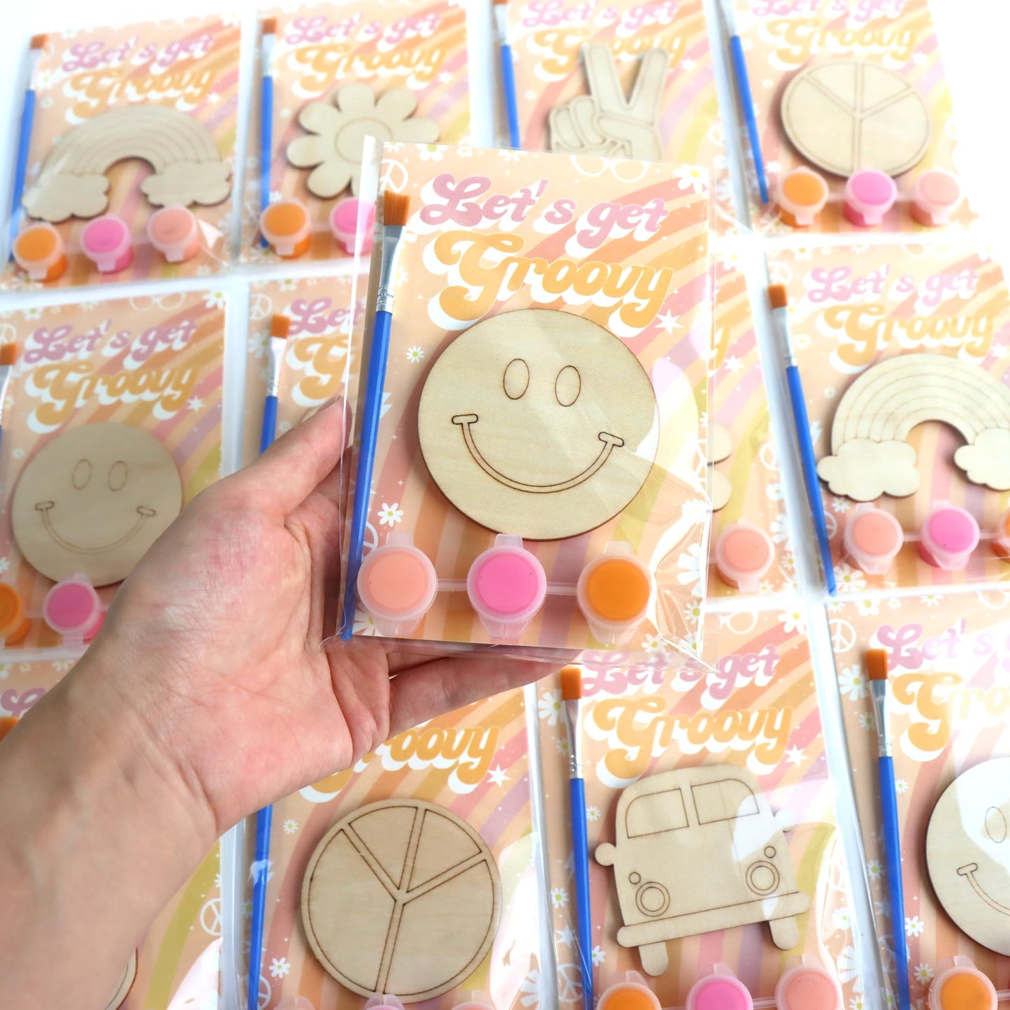 12 Pack Pre-Packaged Groovy Party Favors, Wooden Retro Cutouts with Magnets & Painting Kits for Kids, 70s Theme Birthday Decorat