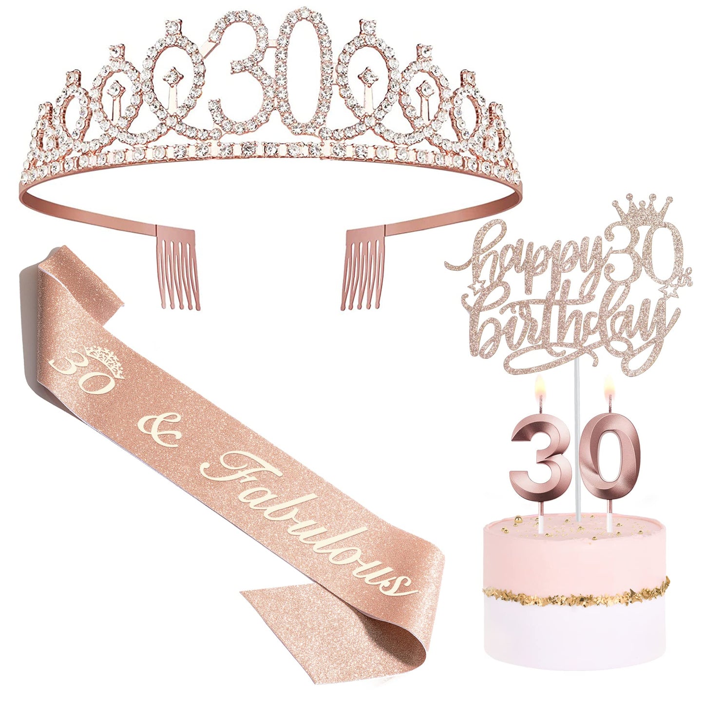 Bella Meri 30th Birthday Gifts for Women, 30th Birthday Tiara Crown, Sash, Cake Toppers,Birthday Candles, 30 Birthday Decoration