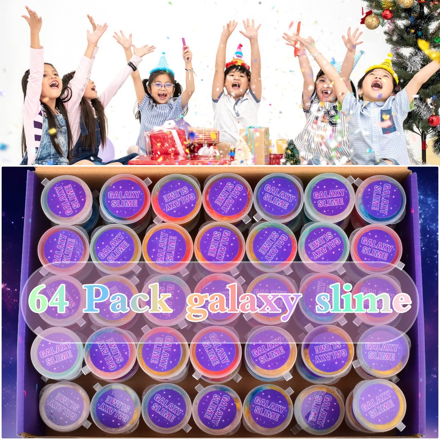 64 Pack Mini Galaxy Slime Kit Party Favors, Stretchy, Stress Relief, And Safe For Girls And Boys Classroom Reward, Valentine'S D