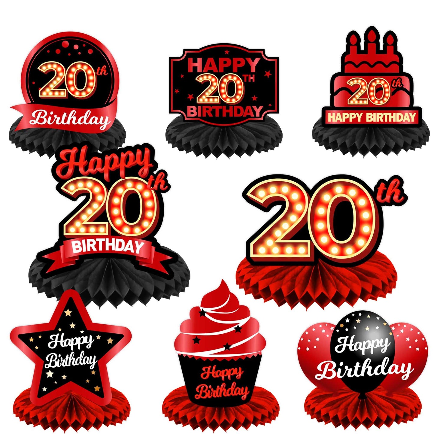 Happy 20Th Birthday Red And Black Table Honeycomb Centerpieces Balloons Theme Decor Table Decorations Table Toppers For Girls Women Princess 20 Years Old Birthday Party Bday Supplies Background Gold