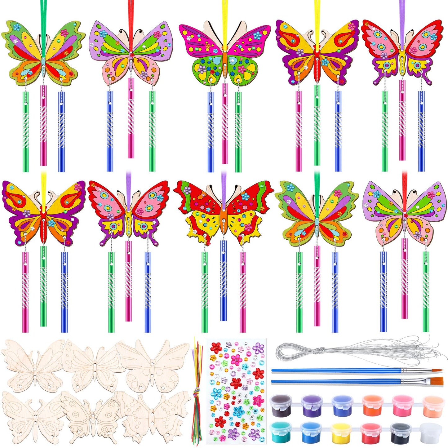 JellyArch 30 Pack Butterfly Wind Chime Making Kit for Kids Make Your Own Wind Chime Butterfly Wooden Crafts Ornaments for Girls 