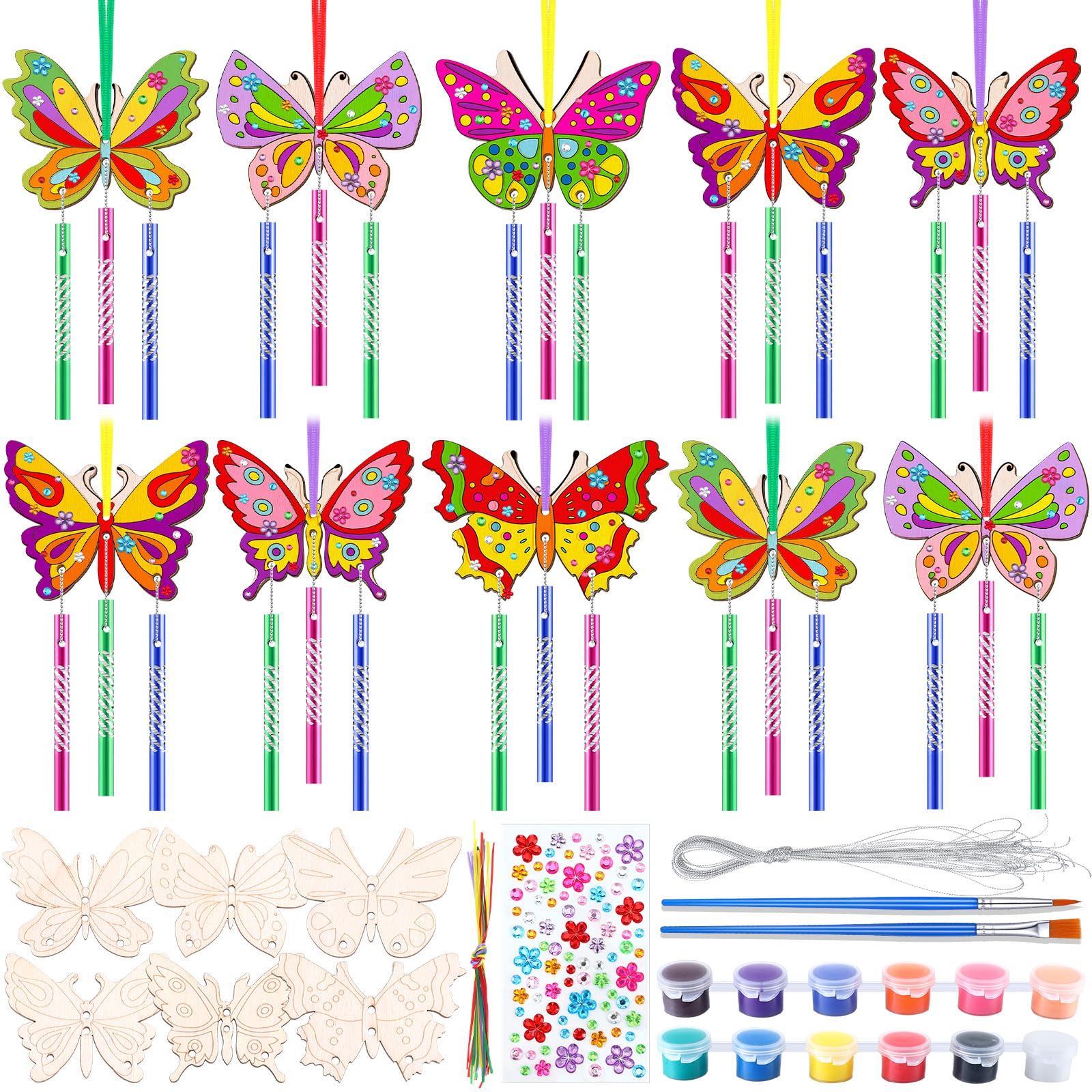 JellyArch 30 Pack Butterfly Wind Chime Making Kit for Kids Make Your Own Wind Chime Butterfly Wooden Crafts Ornaments for Girls 