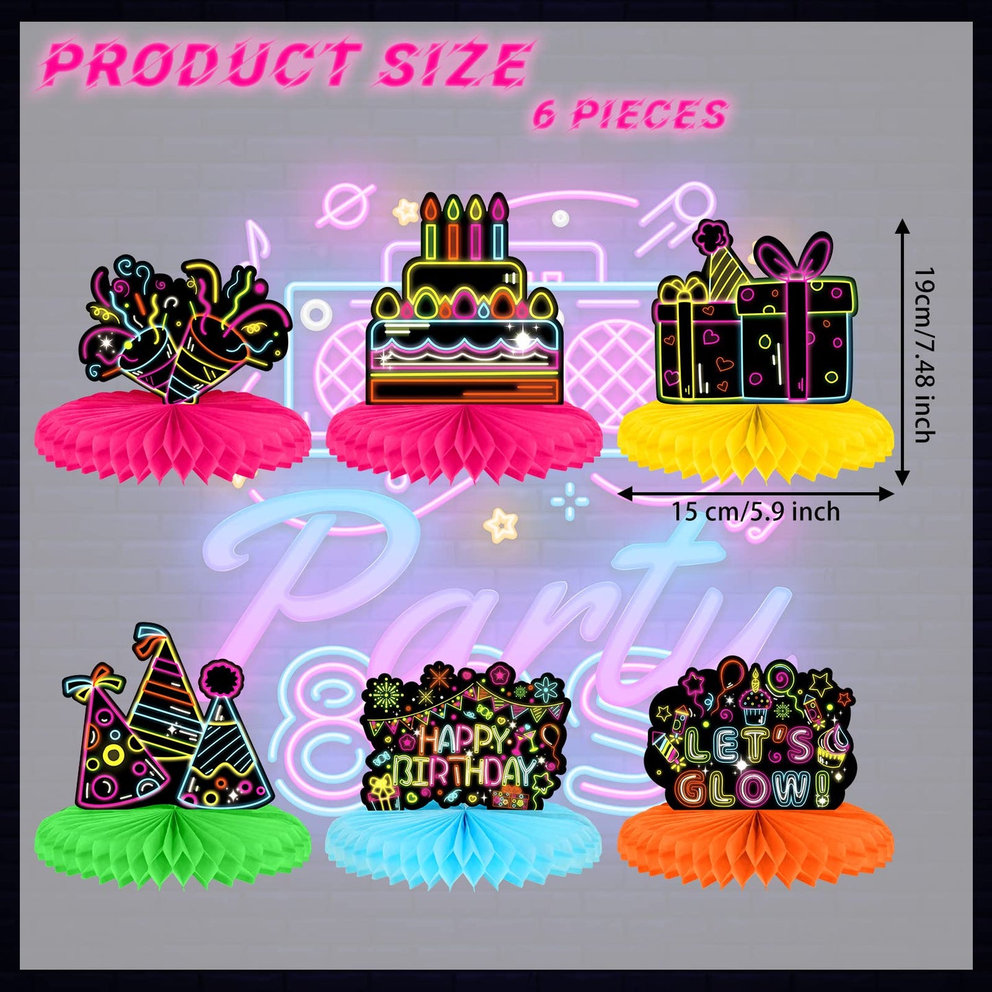 Chinco 6 Pcs Glow Party Birthday Centerpieces Neon Birthday Decorations Honeycomb Birthday Centerpieces Neon Centerpieces For Tables Neon Birthday Party Supplies(Classic)