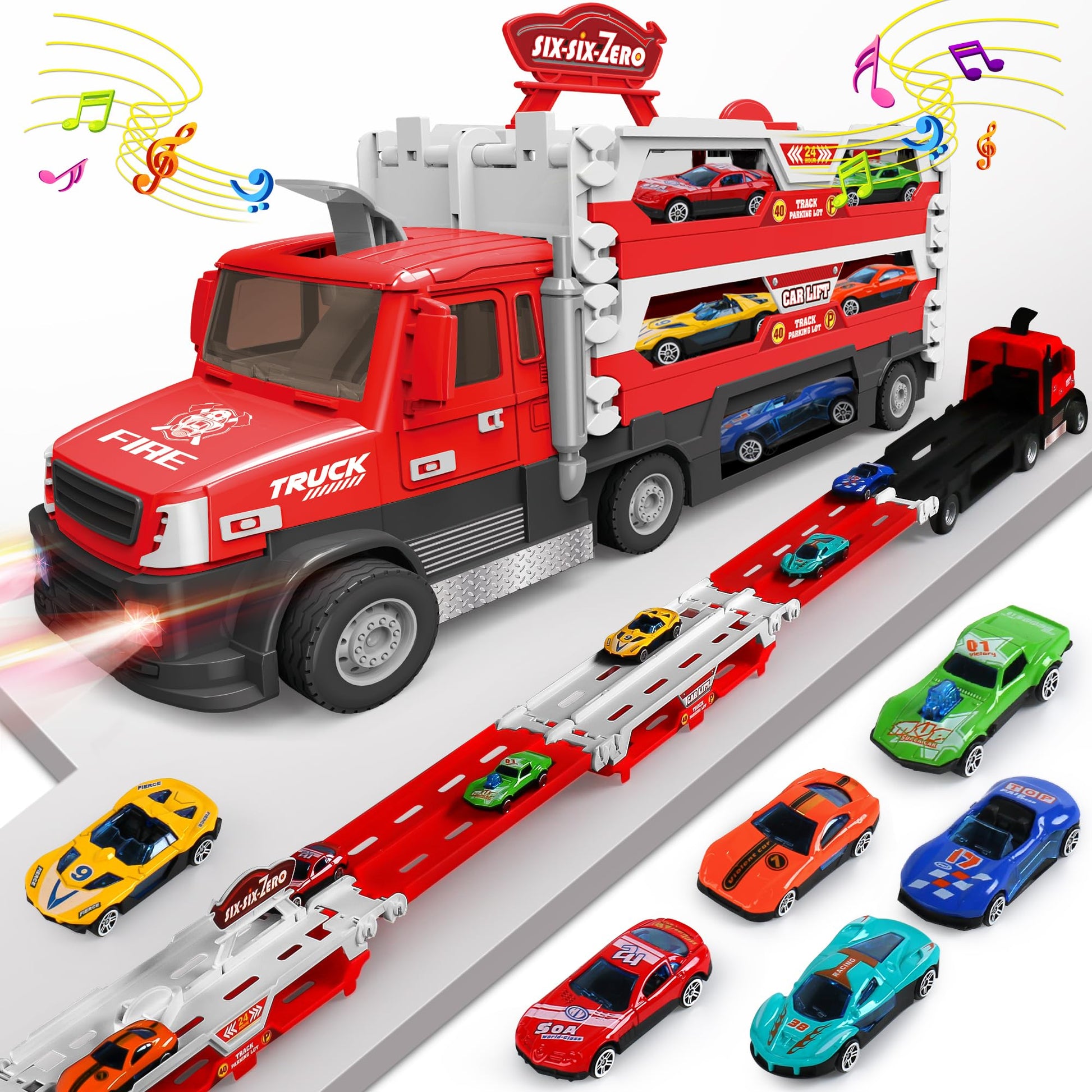 DWI Dowellin Carrier Truck Toys for Kids, 4.6-FT Foldable Hauler Track Ejection Car and 6 Metal Race Car with Light&Sounds, Truc