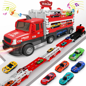 DWI Dowellin Carrier Truck Toys for Kids, 4.6-FT Foldable Hauler Track Ejection Car and 6 Metal Race Car with Light&Sounds, Truc