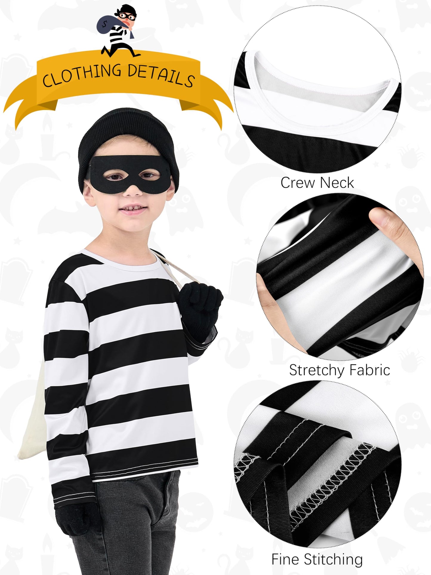 FancyFun 5 PCS Kids Halloween Costume Set  Boys Robber Costume Cosplay Set Burglar Accessories Striped Shirt Beanie Cap Mask 8-10Y
