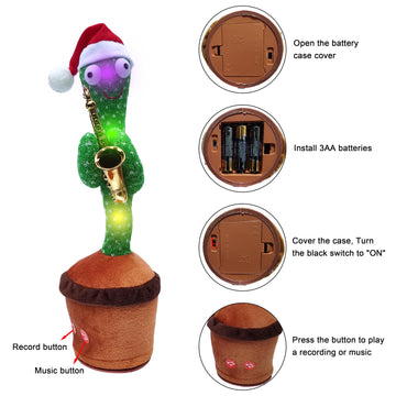 Proweber Dancing Cactus Toy With Music, Lights - Talking, Recording, Repeating Mimic Toy For Babies, Toddlers - Cute Green Cacti Stuffed Plush Fun Educational Toy Gift For Kids(Christmas Style)