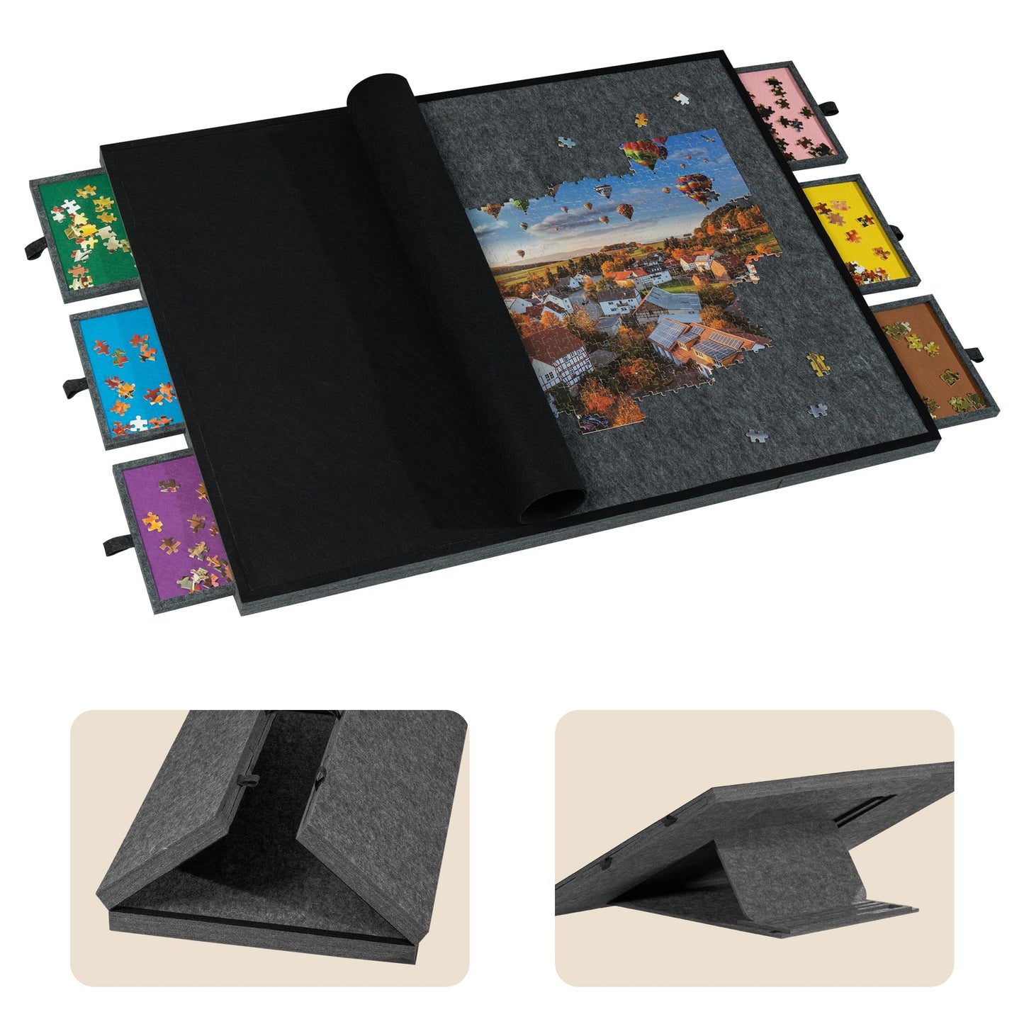 Tektalk 2000 Piece Foldable Jigsaw Puzzle Table with Cover  3-Tilting-Angle Plateau  Lightweight Portable Felt Puzzle Board with 6 Sorting Drawers (Dark Gray)