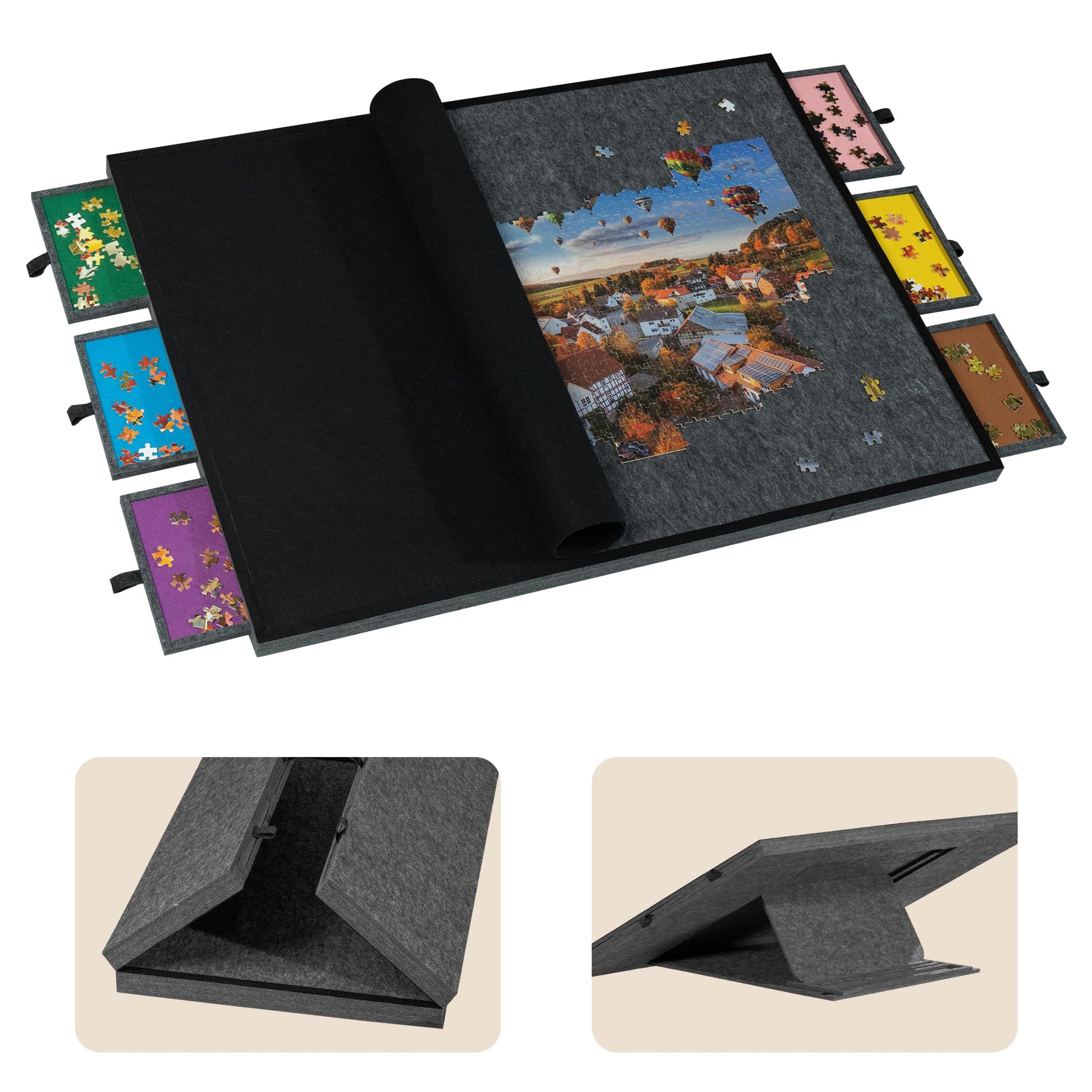 Tektalk 2000 Piece Foldable Jigsaw Puzzle Table with Cover  3-Tilting-Angle Plateau  Lightweight Portable Felt Puzzle Board with 6 Sorting Drawers (Dark Gray)