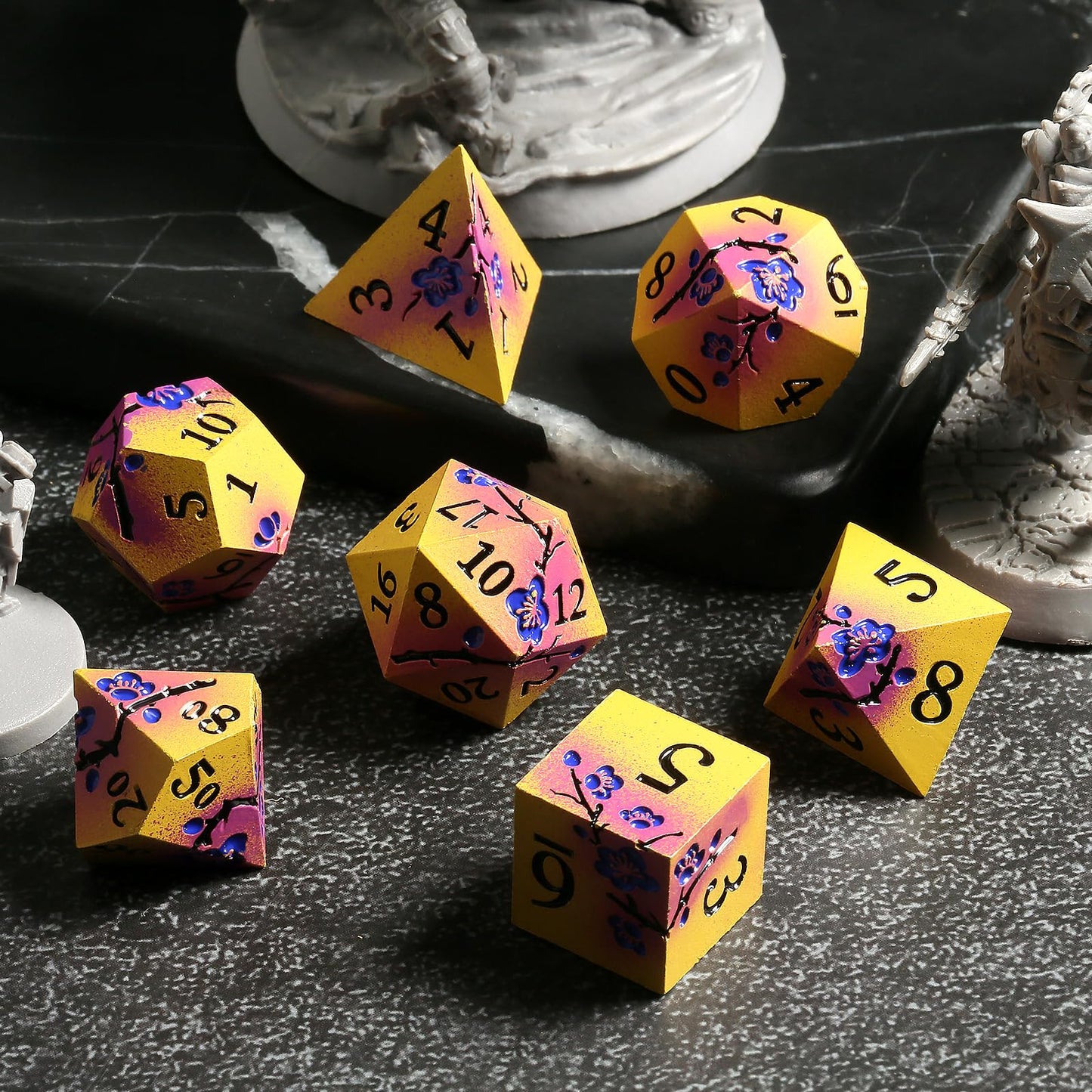 DNDND Flowers Metal Dice, 7 PCS Metallic DND Dice with Gorgeous Gift Case for D&D Dungeons and Dragon Tabletop Game (Earth Yello
