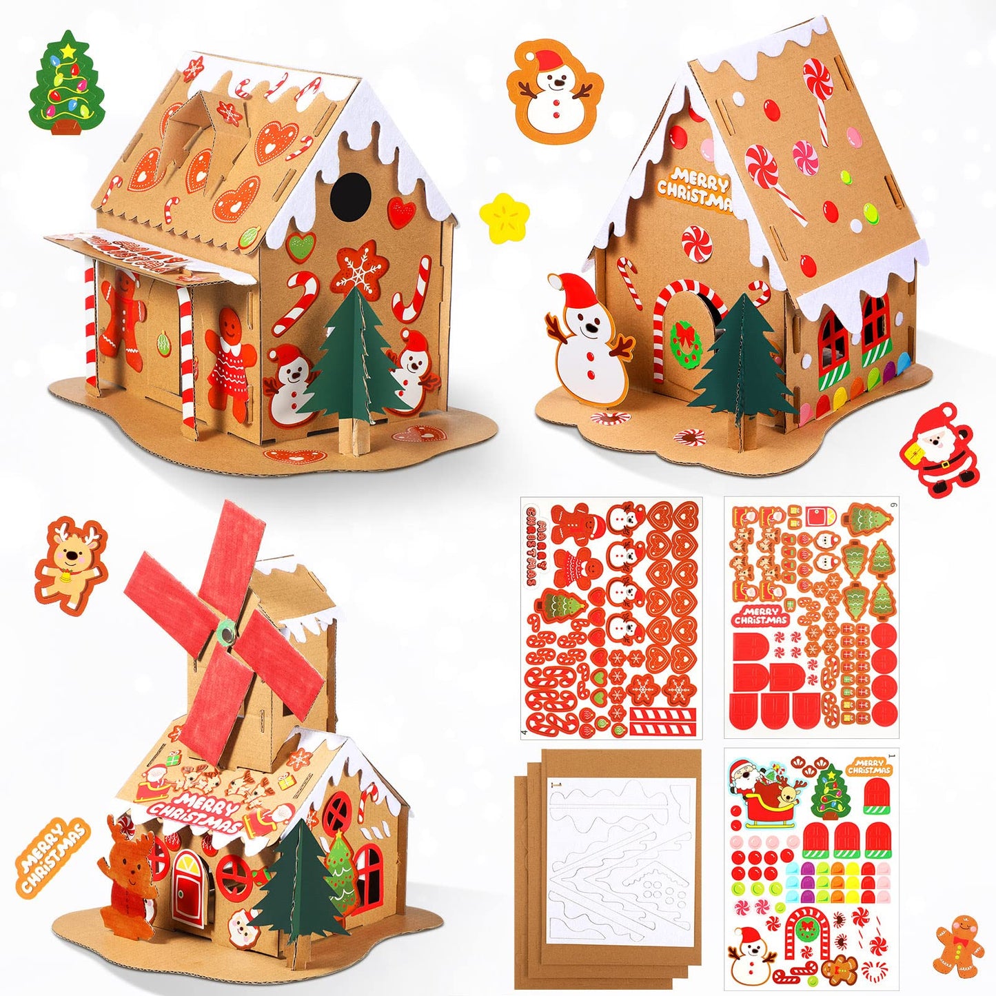 Sumind 3 Sets Christmas Gingerbread House Kit Small Xmas DIY Craft Kit Mini Christmas Cardboard Make-a-Gingerbread House Craft f