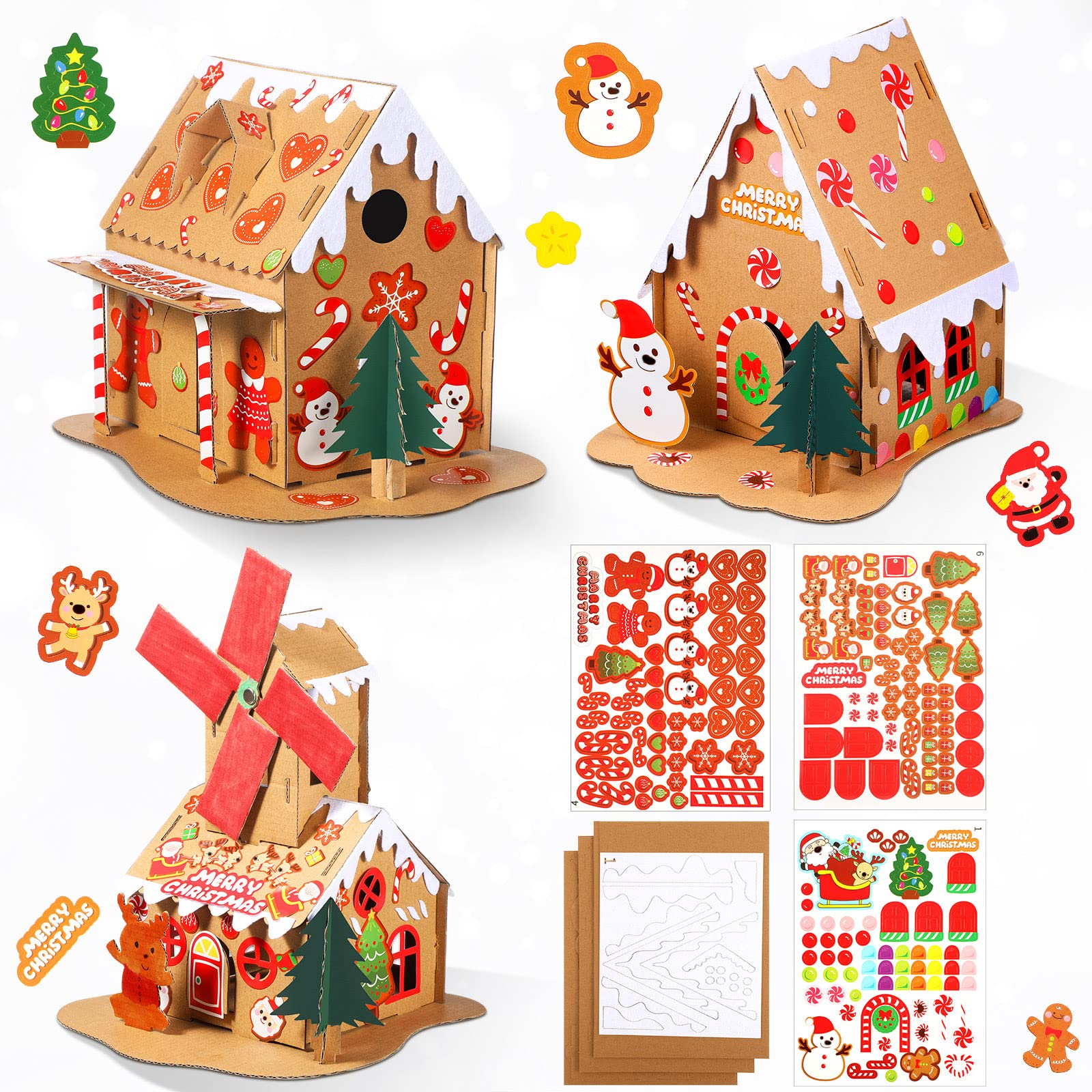 Sumind 3 Sets Christmas Gingerbread House Kit Small Xmas DIY Craft Kit Mini Christmas Cardboard Make-a-Gingerbread House Craft f