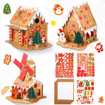 Sumind 3 Sets Christmas Gingerbread House Kit Small Xmas DIY Craft Kit Mini Christmas Cardboard Make-a-Gingerbread House Craft f