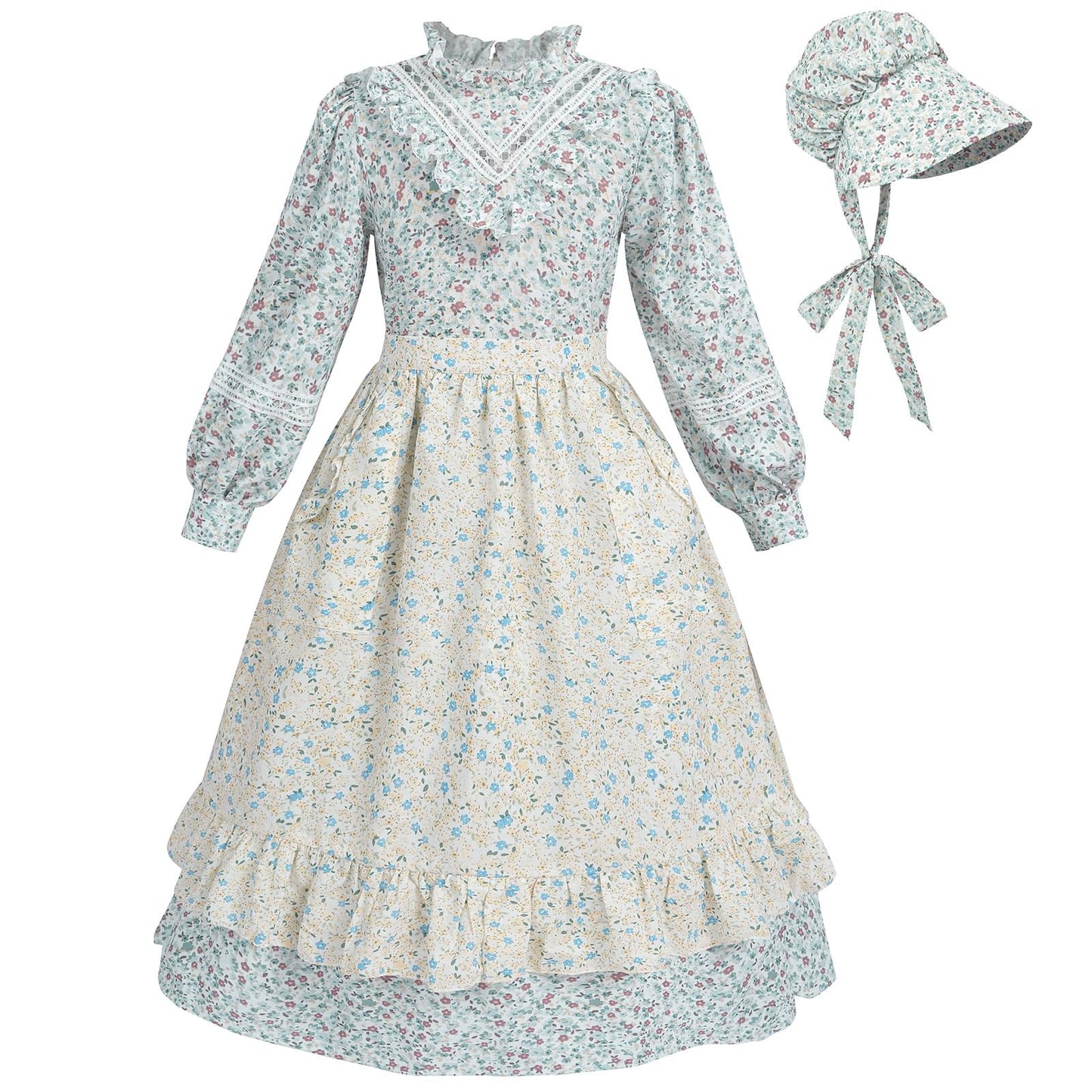 Fccam Prairie Colonial Dress Girls Long Sleeve Pioneer Dress Costume Floral Pioneer Girl Laura Ingalls Wilder Green Xl