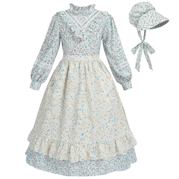 Fccam Prairie Colonial Dress Girls Long Sleeve Pioneer Dress Costume Floral Pioneer Girl Laura Ingalls Wilder Green Xl