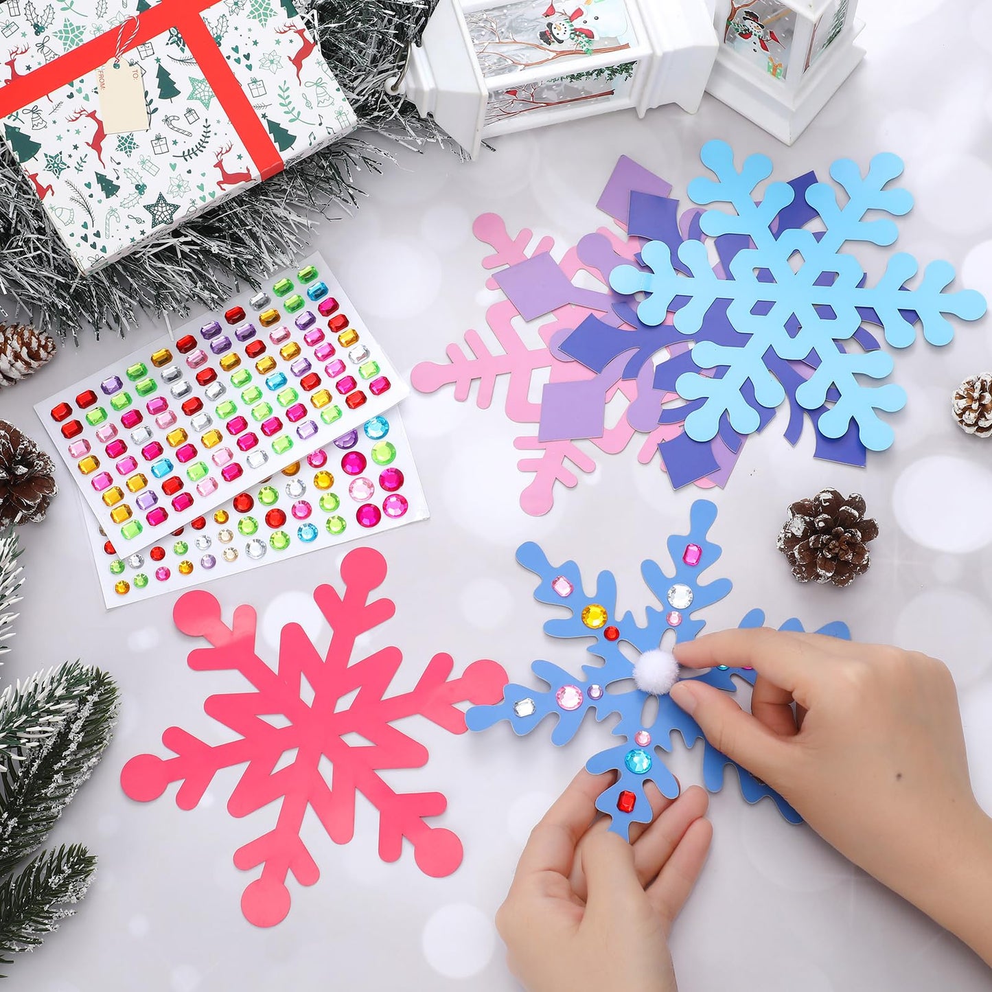 Jetec 30 Sets Snowflake Craft Kit for Kids DIY Winter Snowflake Make Your Own Snowflake Gem Sticker Pompoms Kits for Kids Winter