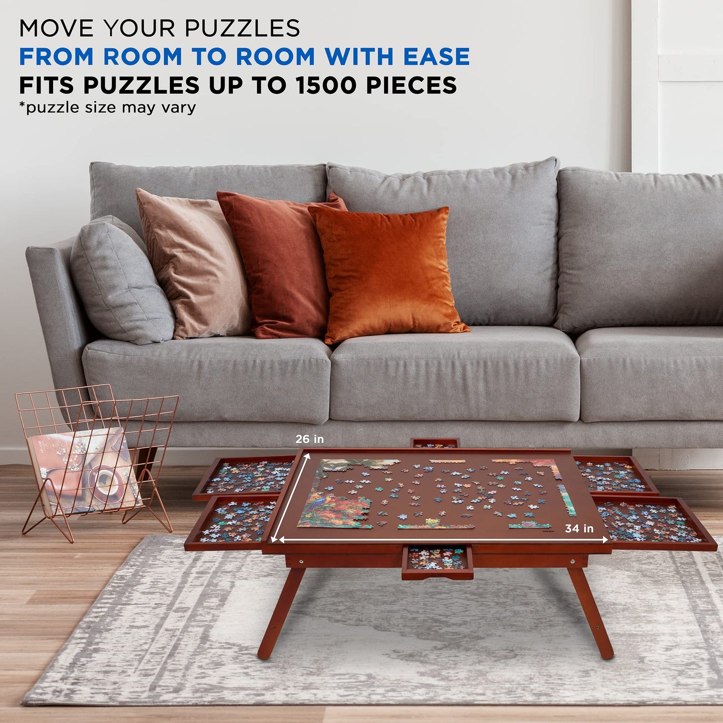 Jumbl 1500-Piece Puzzle Board Rack W/Cover | 27    X 35    Jigsaw Puzzle Table W/Legs 6 Removable Storage Sorting Drawers | Smoo