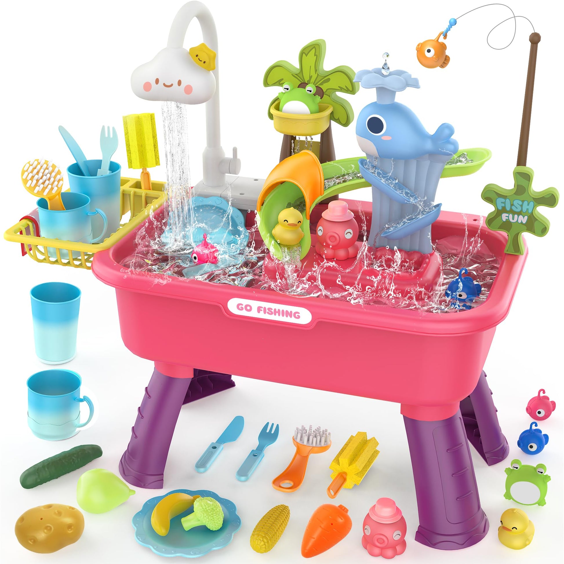 Color Changing Kitchen Play Sink Toys with Running Water for Kid,Electric Dishwasher Playing Toy with Animals, Food, Tableware A