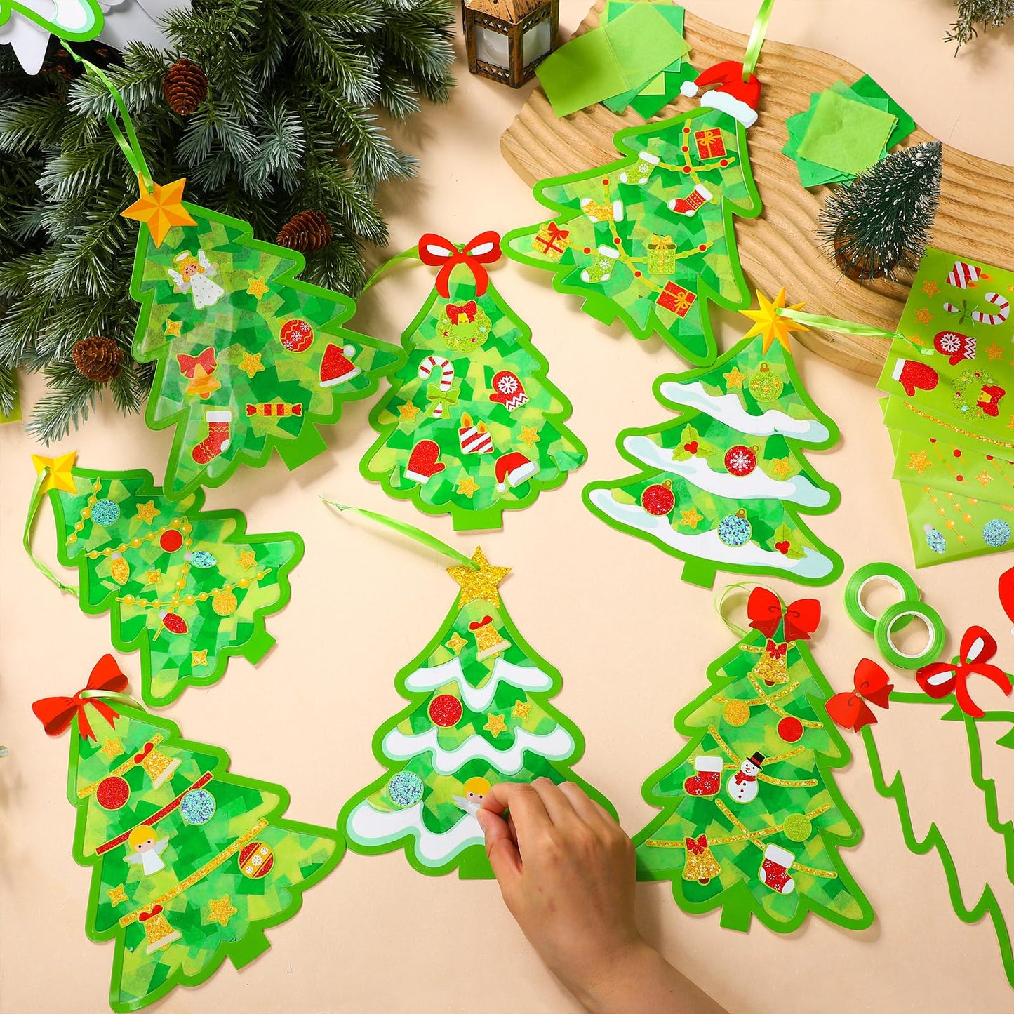 DoubleFill 48 Sets Christmas Tree Suncatchers Craft Kit Xmas Ornaments Stained Glass Christmas Window Crafts Kit for Classroom H