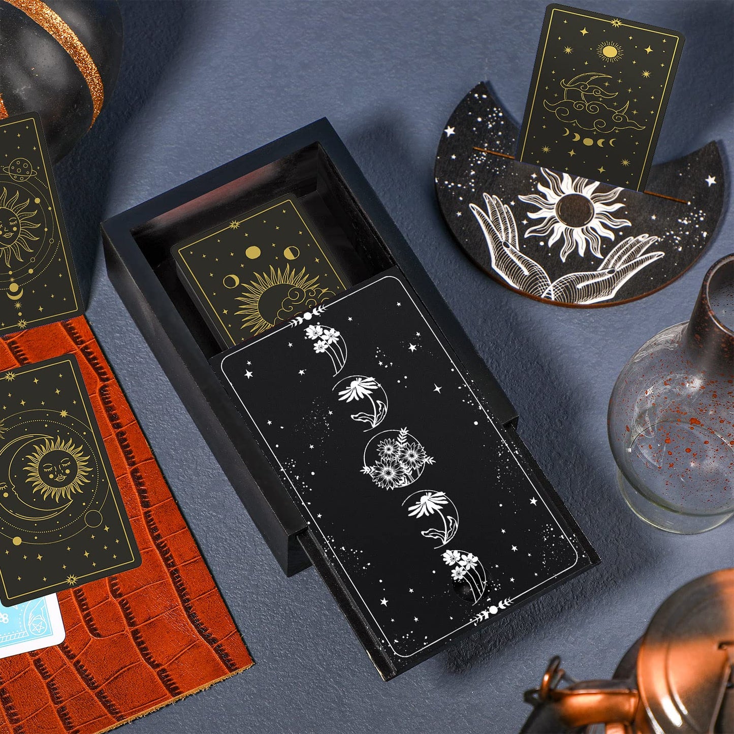 Wooden Tarot Card Case And Wooden Tarot Card Stand Holder, Tarot Cards Box Fortune Telling Trinket Keepsake Box With Pendulum Board Moon Shape Tarot Card Altar Display Stand For Witch (Novel Style)