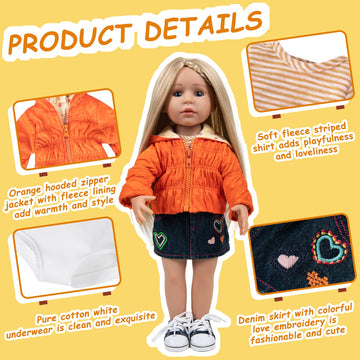 Rakki Dolli Doll Clothes Set Fashion 4 Pieces Includes Warm Hooded Coat, T-Shirt, Jeans Skirt & Underpants, Handmade Party Dress Casual Wear Fits 18 Inch American Girls Dolls 004