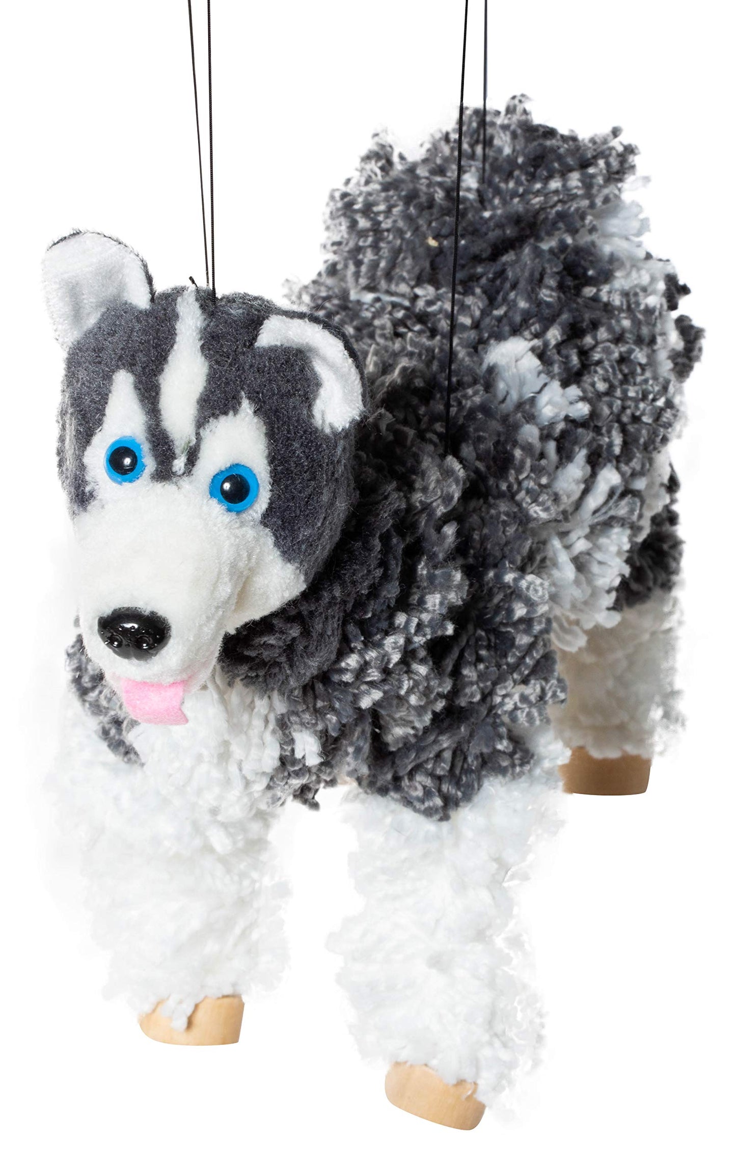 Artisan Owl Siberian Husky Marionette Puppet - Yarn Dog With Wooden Feet, Detachable Strings (Black)