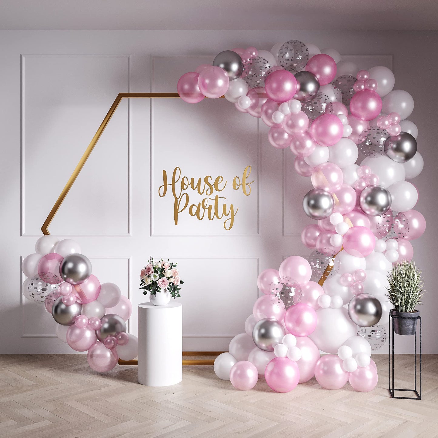 House Of Party Pink And White Balloons Garland Kit 158 Pcs - Pink, Silver Metallic, Silver Confetti Balloon Arch | White And Hot