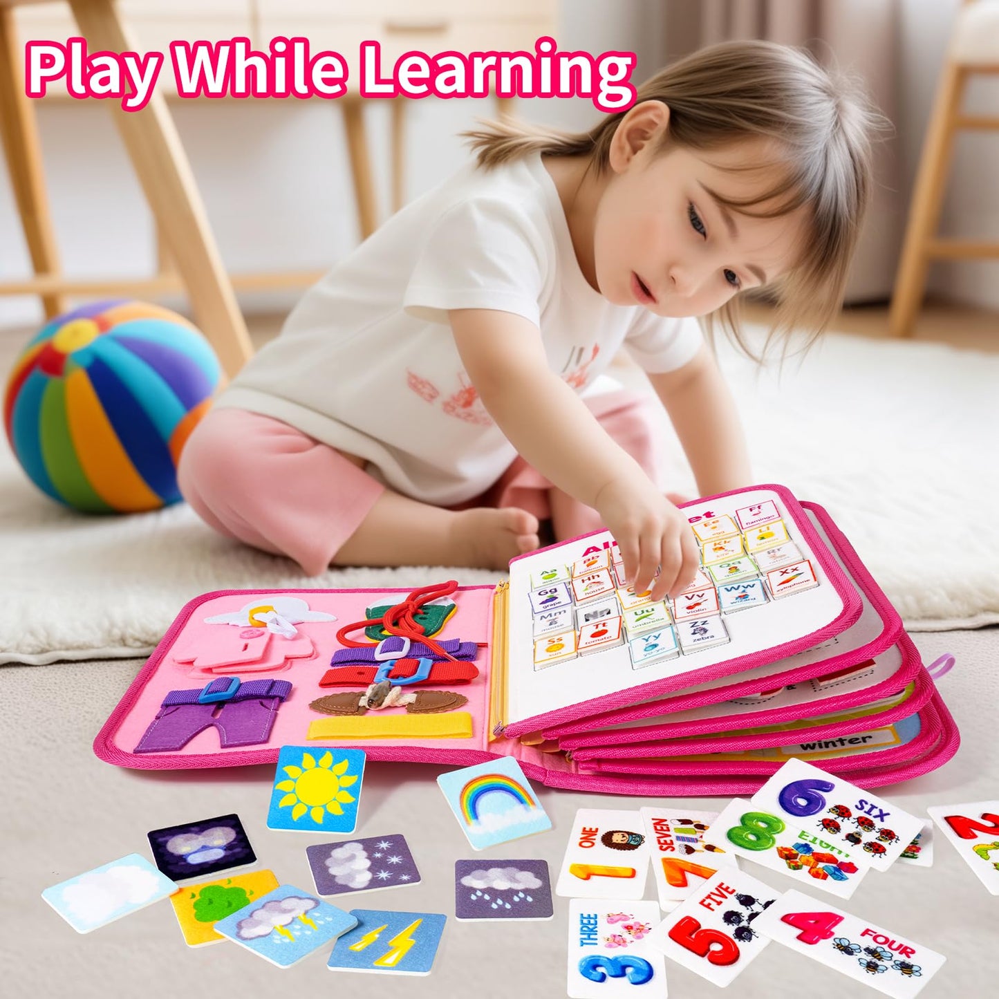 12-page Busy Board Montessori Toddler Toys for 1 2 3 4 Years Old, Busy Book for Toddlers 1-3 Girl Birthday Gift, 24 in 1 Activit