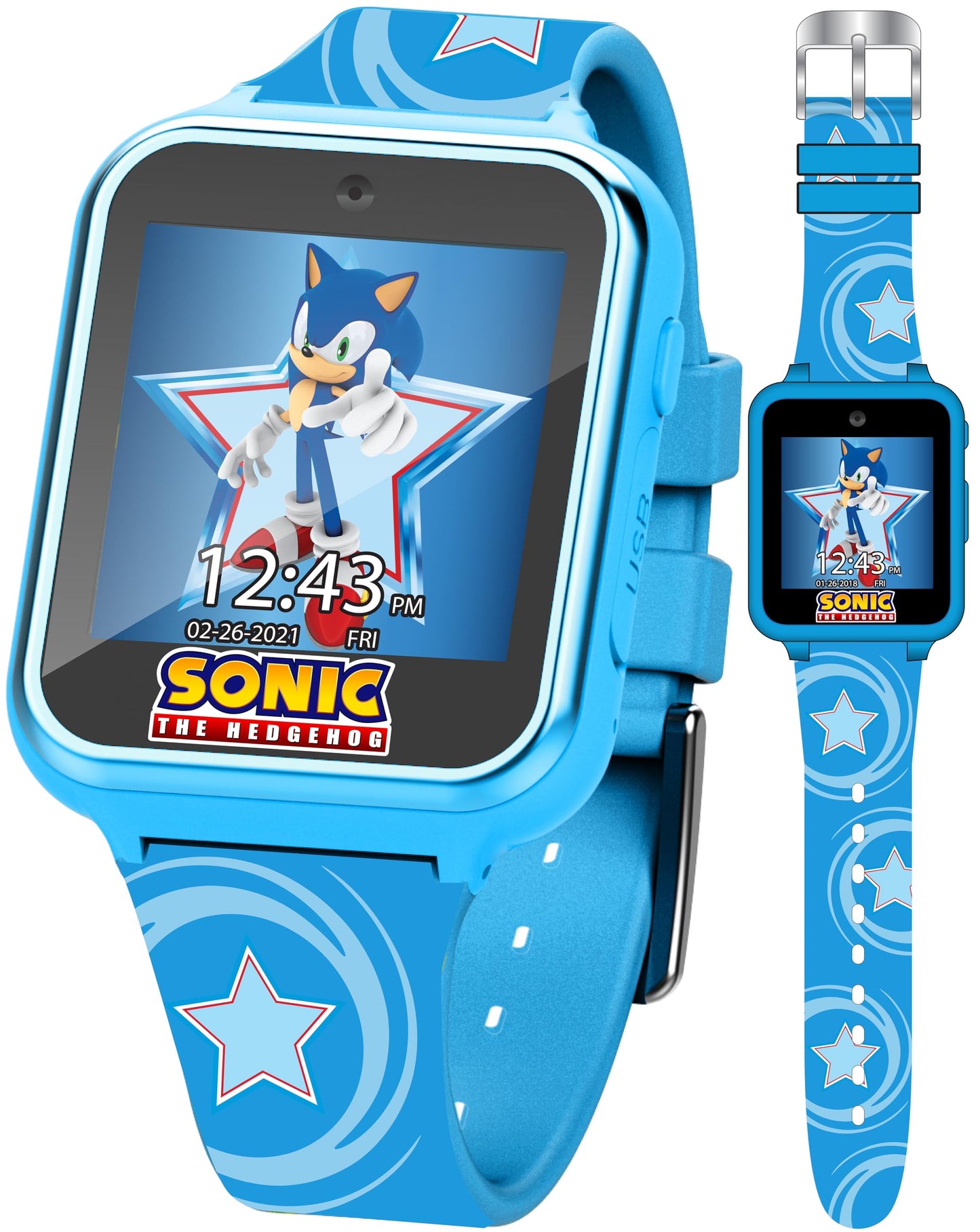 Accutime Kids Sega Sonic The Hedgehog Blue Educational Touchscreen Smart Watch Toy For Boys, Girls, Toddlers - Selfie Cam, Learning Games, Alarm, Calculator, Pedometer (Model: Snc4133Az)