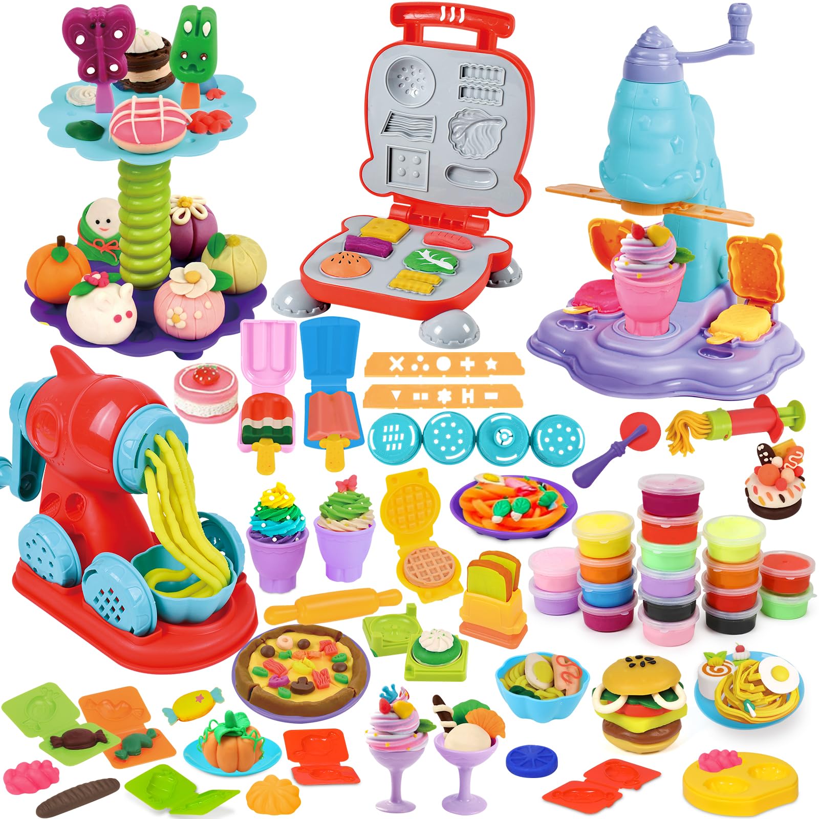 Toys Series 4 in 1 Color Dough Set for Kids 2-4 4-8 Play Kitchen 59Pcs Ice Cream Slime Tools Accessories Kit Playset Noodle Hamb