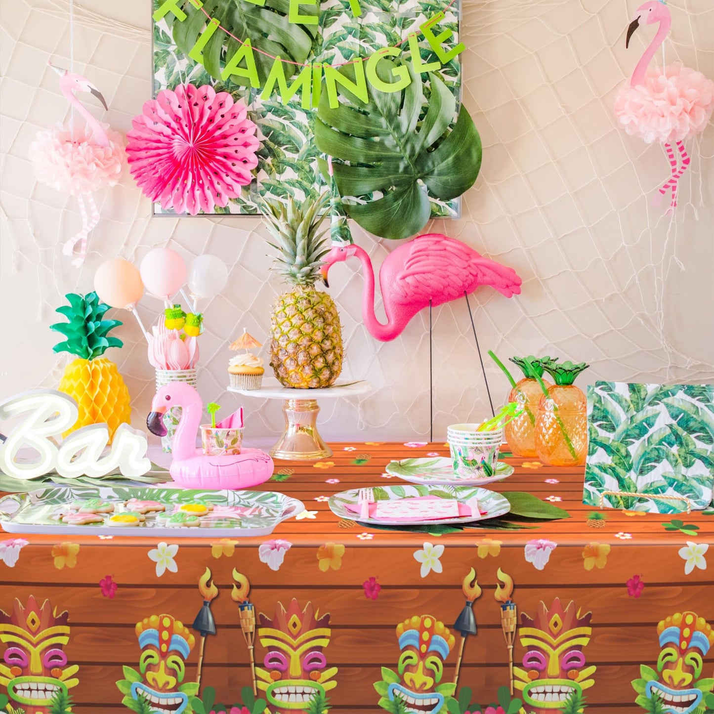 Lianxuia 3 Pieces Tiki Party Plastic Tablecloths, 54 * 108 Inch Luau Table Covers, Hawaiian Luau Party Decorations, For Aloha Ti
