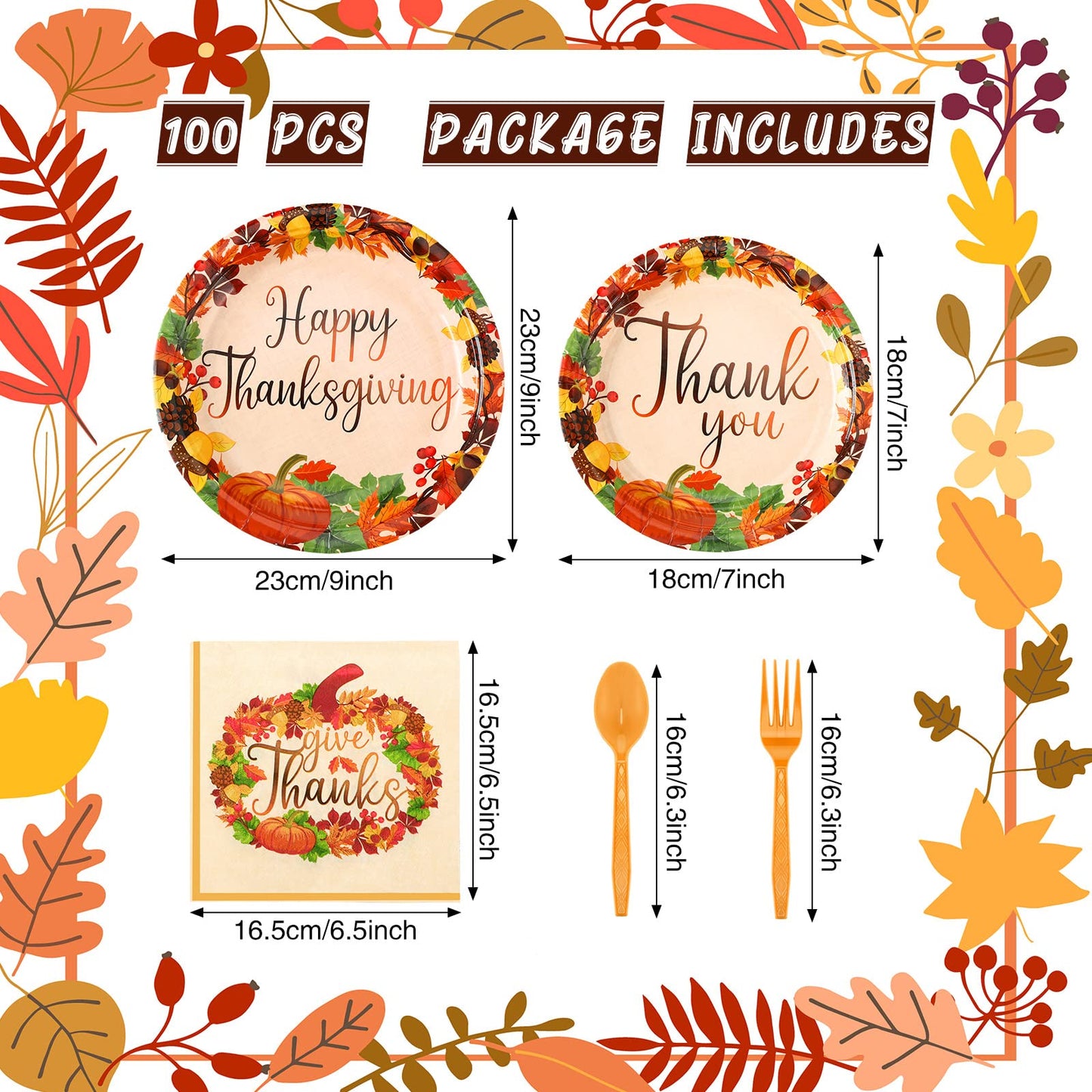 Spiareal 100pcs Thanksgiving Paper Plates and Napkins Pumpkin Theme Party Disposable Dinnerware Give Thanks Tableware for Thanks