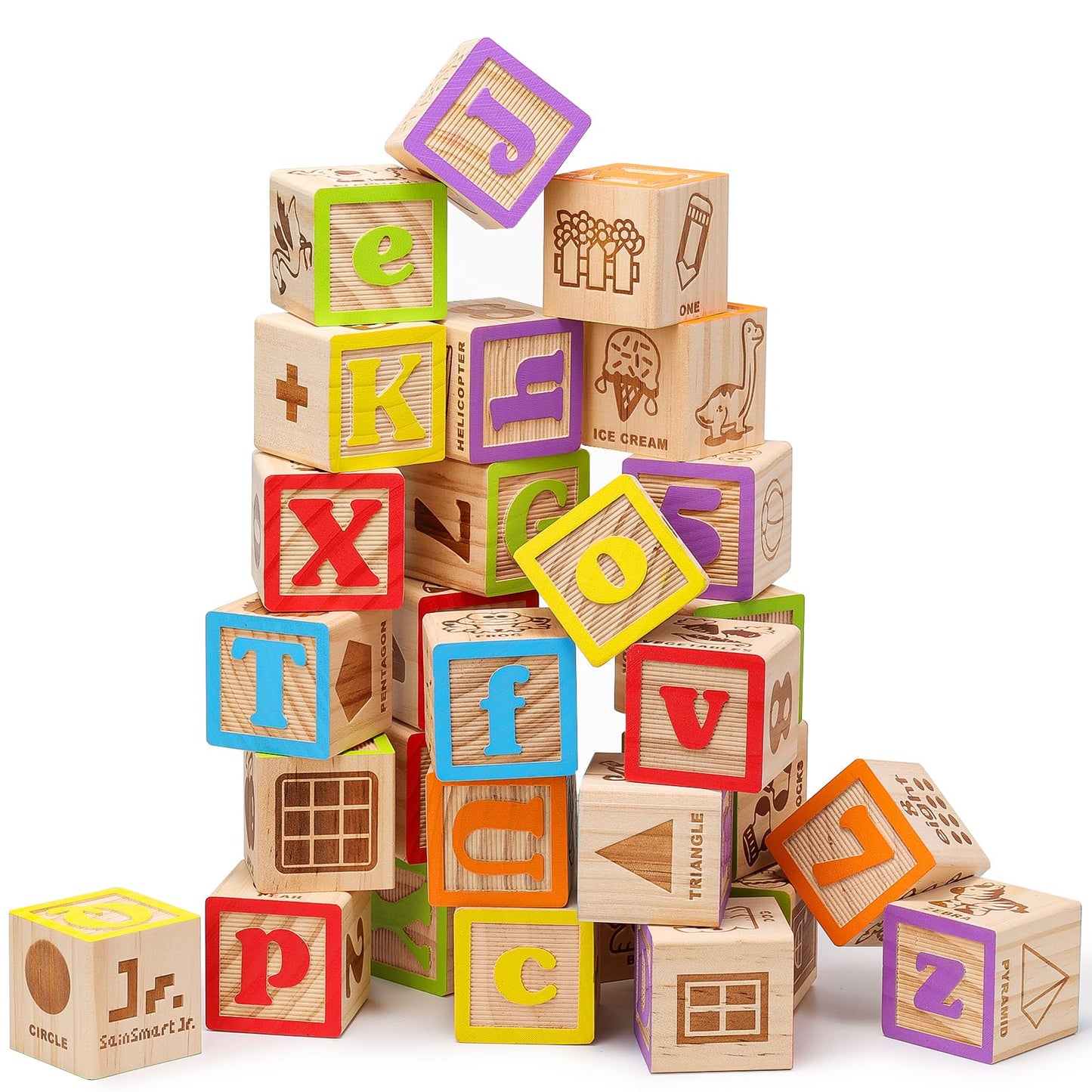 SainSmart Jr. Wooden Alphabet Blocks 1.73 Inch  30Pcs Building Blocks Including Letters  Numbers and Animals  Montessori Wooden Blocks for Preschool Toddlers