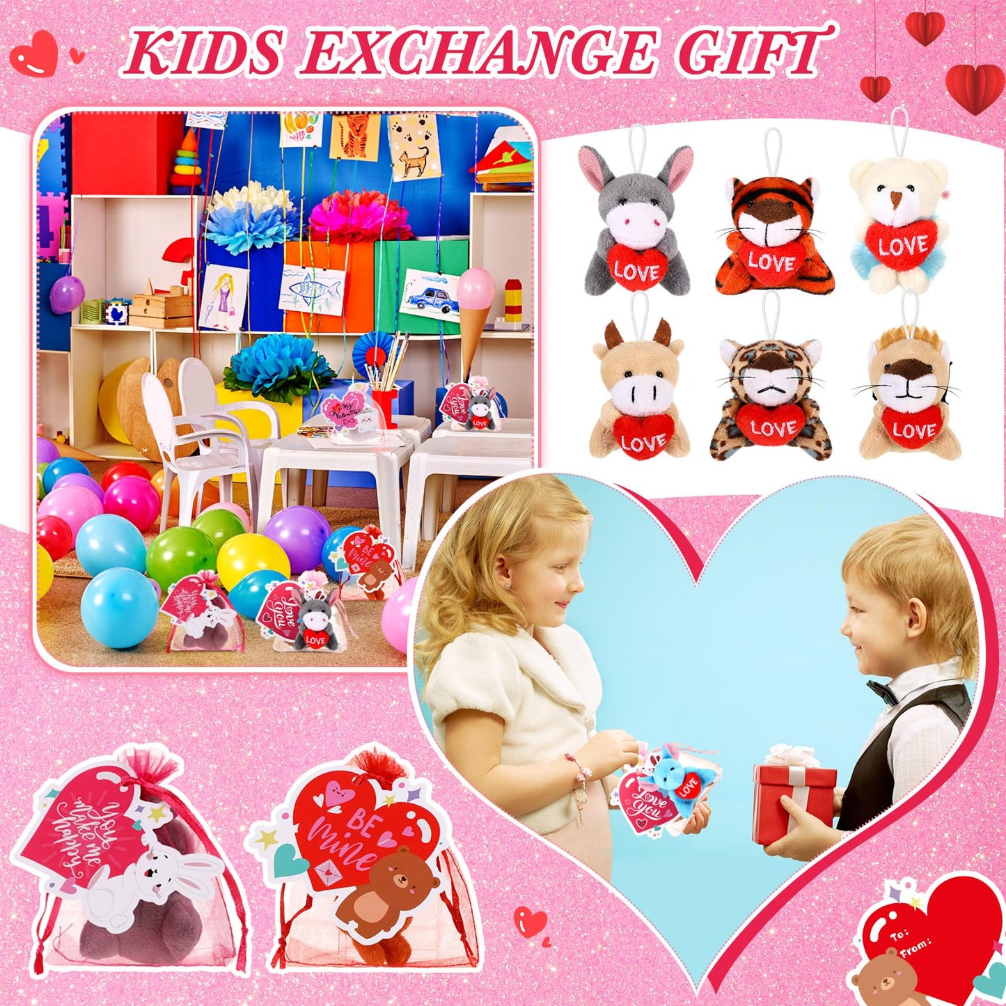 Hanaive 36 Set Valentines Day Classroom Gifts For Kids Heart Cards With Mini Stuffed Animals Keychain And Organza Bags Animal Pl