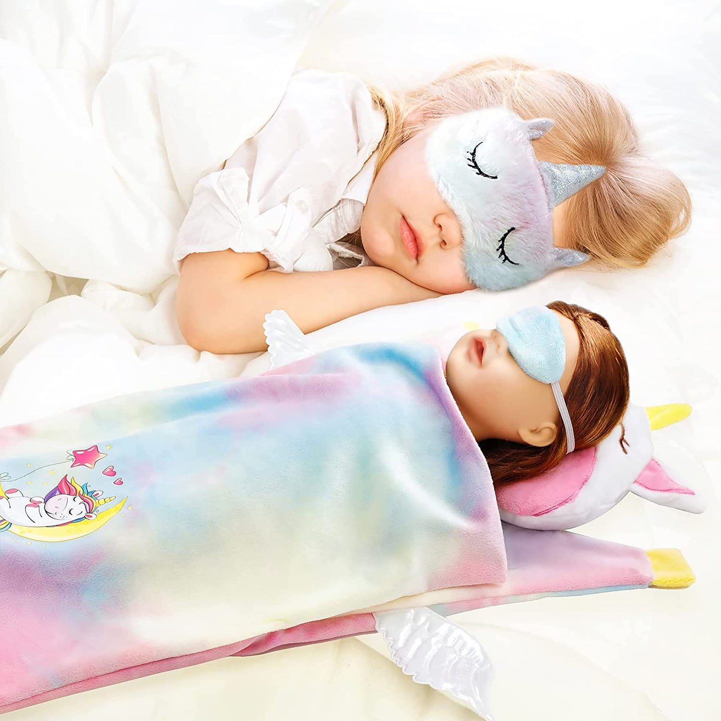 Windolls Girl 18 Inch Doll Sleeping Bag & Clothes Accessories Set - Unicorn Doll Costume With Unicorn Style Sleeping Bag, Eye Masks, Pillow, Slippers - Fits My Life, Generation, Journey Dolls