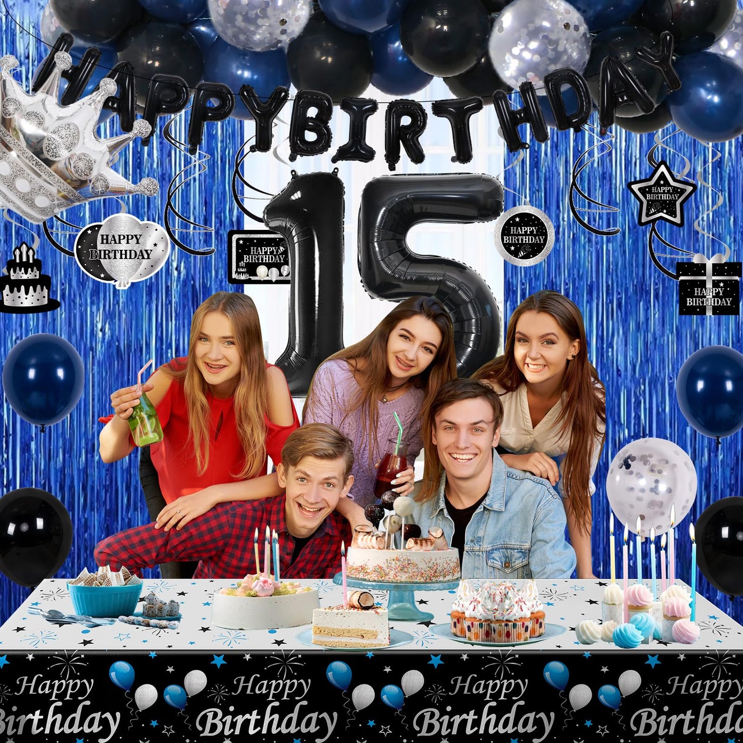 15Th Birthday Decorations For Boys, Blue Black Happy 15Th Birthday Decorations Boy 15 Year Old Birthday Balloons Banner, Tablecl
