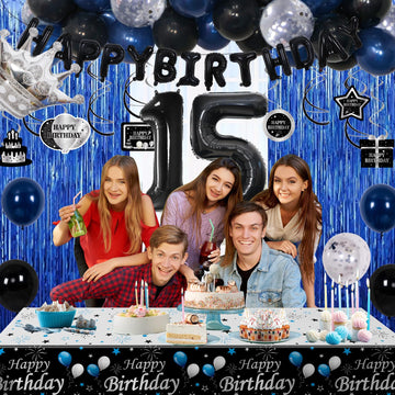 15Th Birthday Decorations For Boys, Blue Black Happy 15Th Birthday Decorations Boy 15 Year Old Birthday Balloons Banner, Tablecl