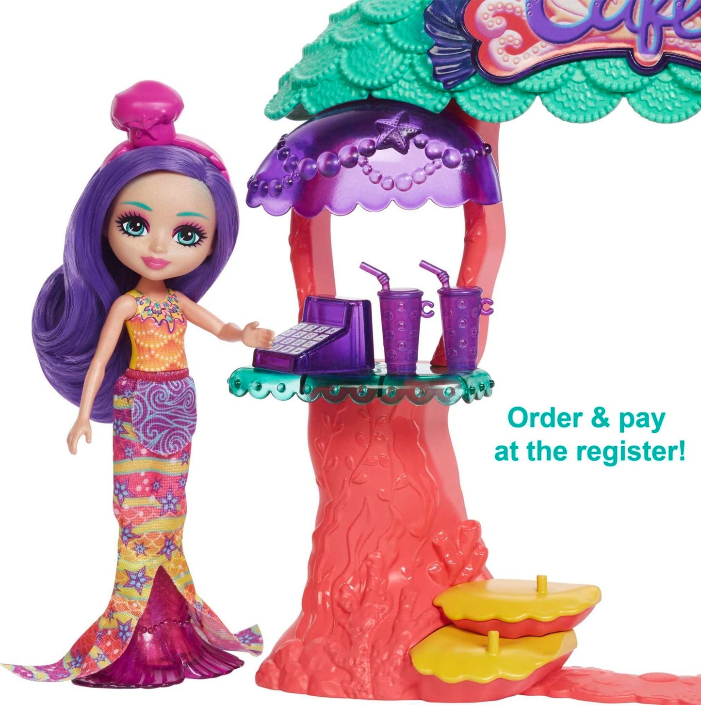 Enchantimals Sea Cave Café Playset With Martina Mermaid Small Doll, 2 Animal Friend Figures & 15 Accessories, Ocean Kingdom Toy Collection