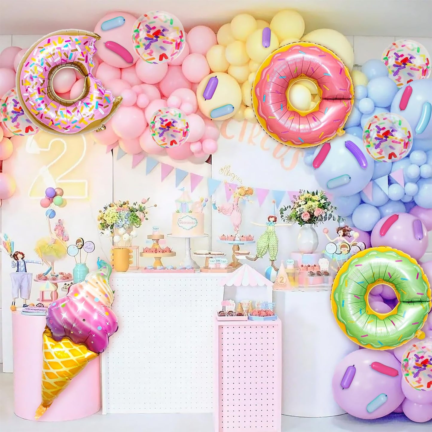 163Pcs Pastel Donut Balloon Arch Garland Kit, With Pastel Rainbow Balloon, Sprinkle Confetti And Ice Cream Foil Balloons For Swe