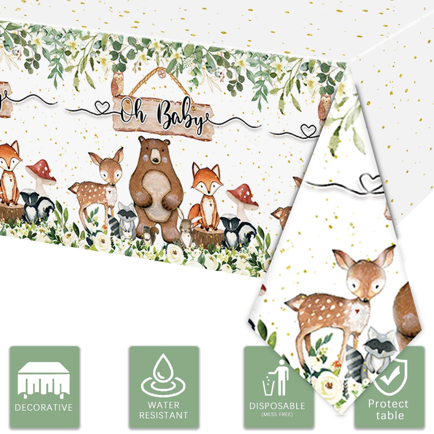 Rejoice Bunny 3Pcs Woodland Baby Shower Tablecloth Boys Girls Safari Jungle Wild Animal Party Decorations Nature Sage Forest Tab