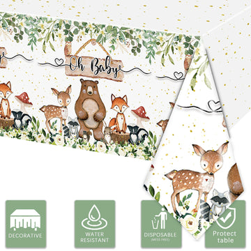 Rejoice Bunny 3Pcs Woodland Baby Shower Tablecloth Boys Girls Safari Jungle Wild Animal Party Decorations Nature Sage Forest Tab