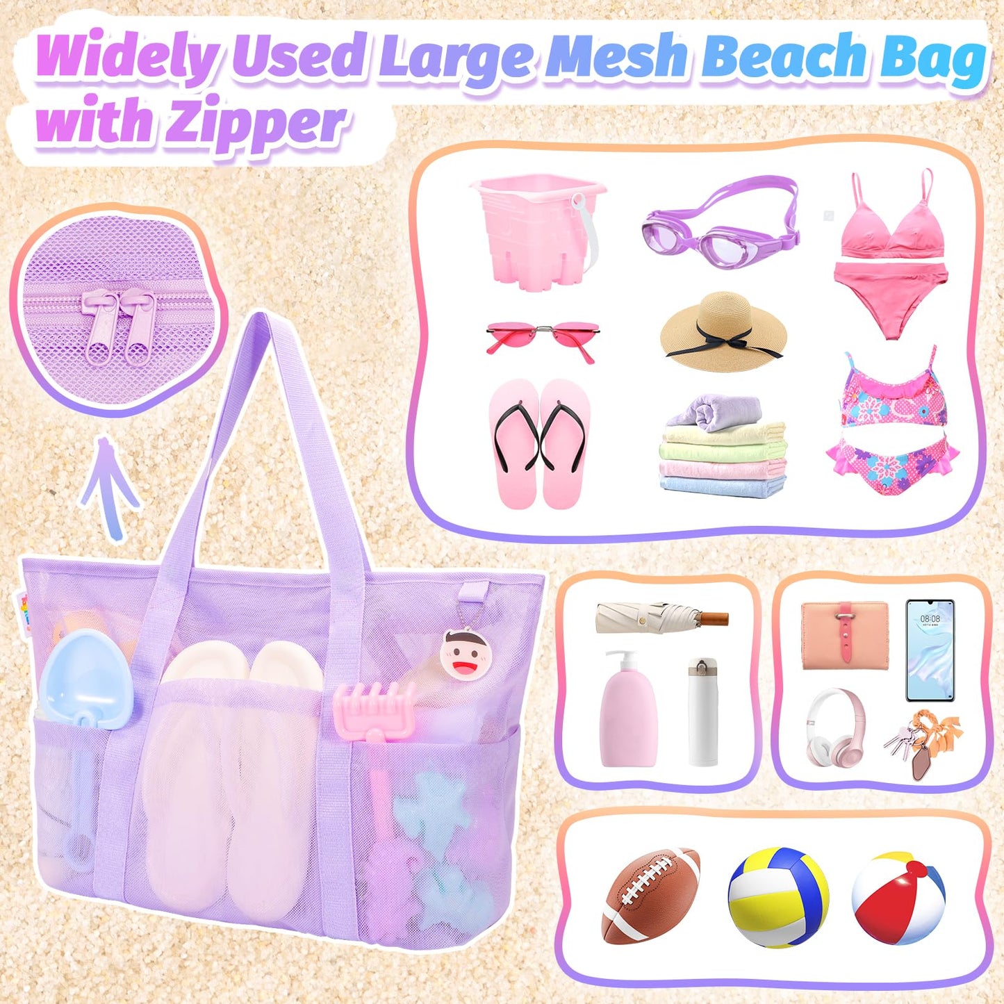 Tagitary Beach Toys Mesh Beach Bag with Zipper and 8 Pockets, Purple Large Beach Tote Waterproof Sandproof for Camping Sports Po